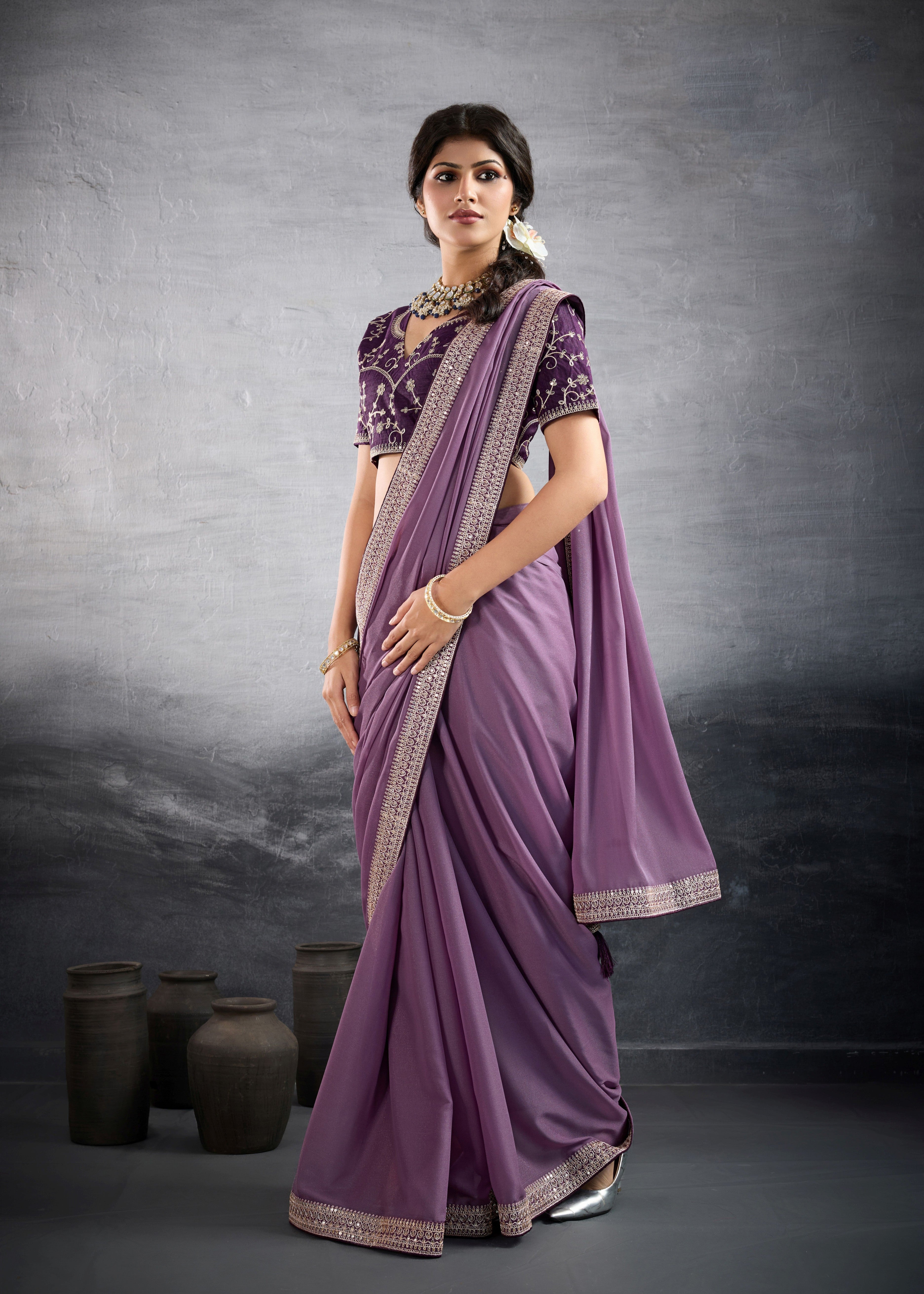 Nakshatra Lavender Lace Work Bollywood Saree