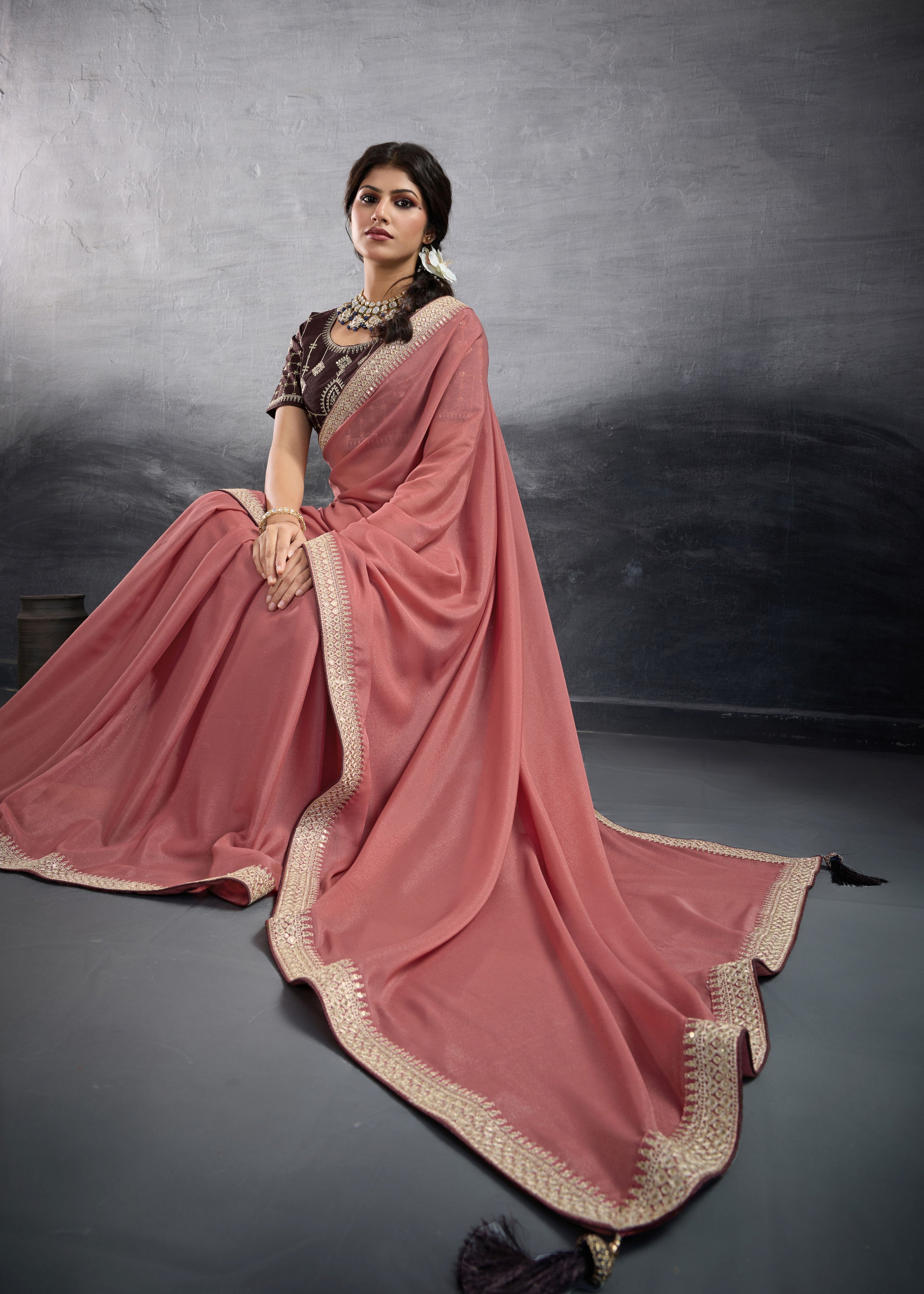 Nakshatra Pink Lace Work Party Saree