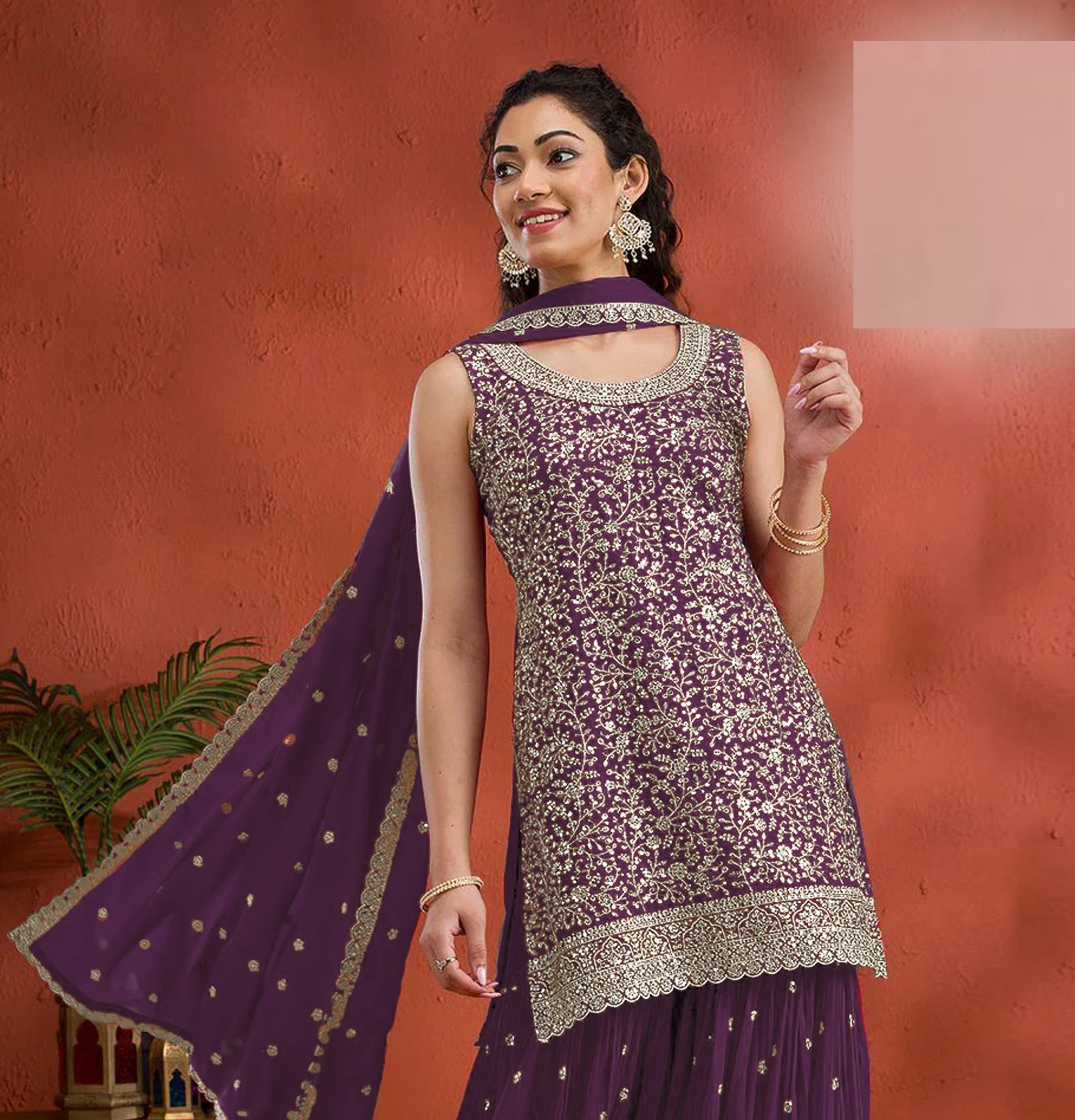 Nakshatra Purple Sequin Work Palazzo Suit with Dupatta