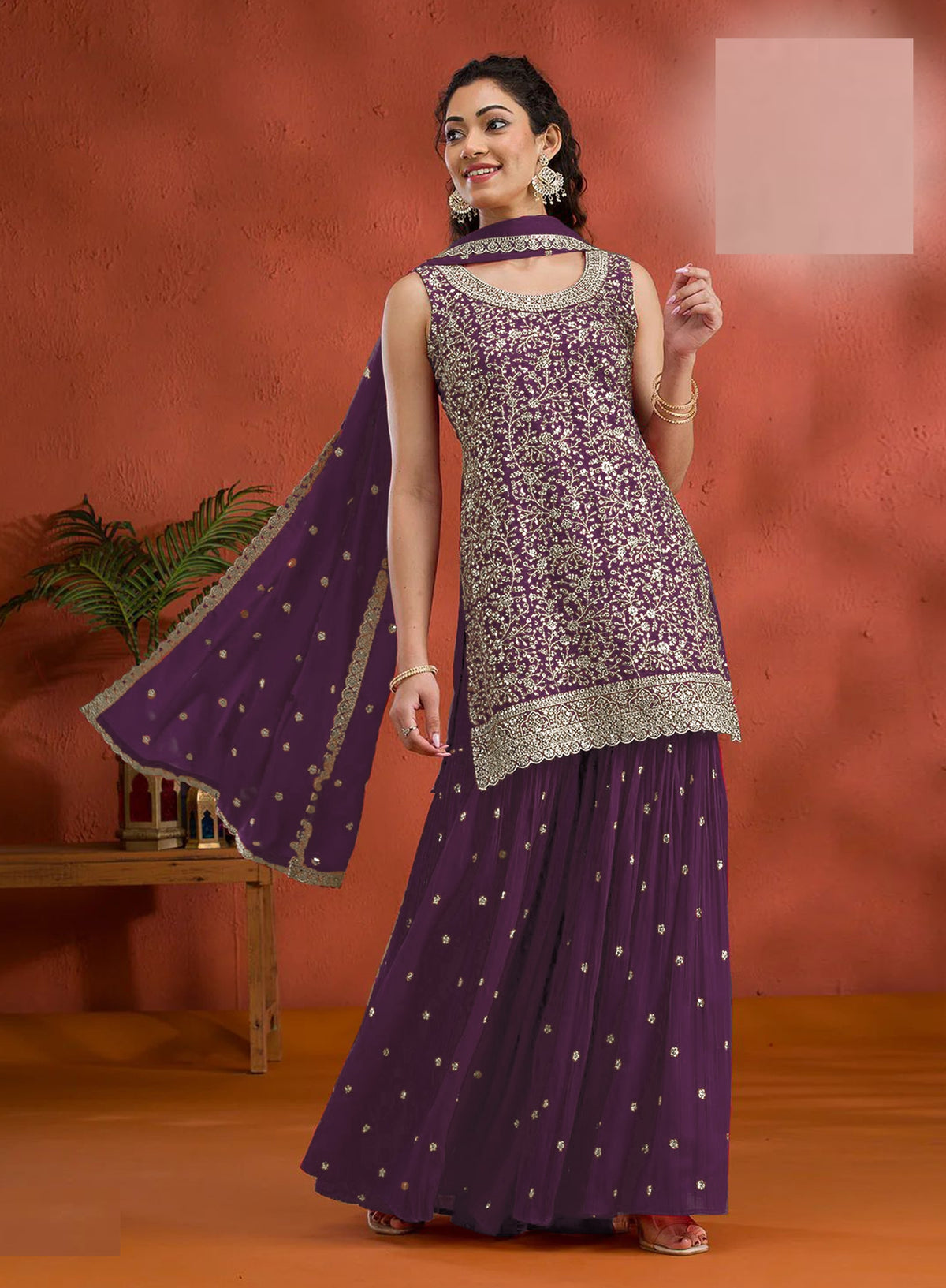Nakshatra Purple Sequin Work Palazzo Suit with Dupatta