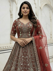 Nakshatra Cinnamon Red Hand-Embroidered Organza Lehenga Set