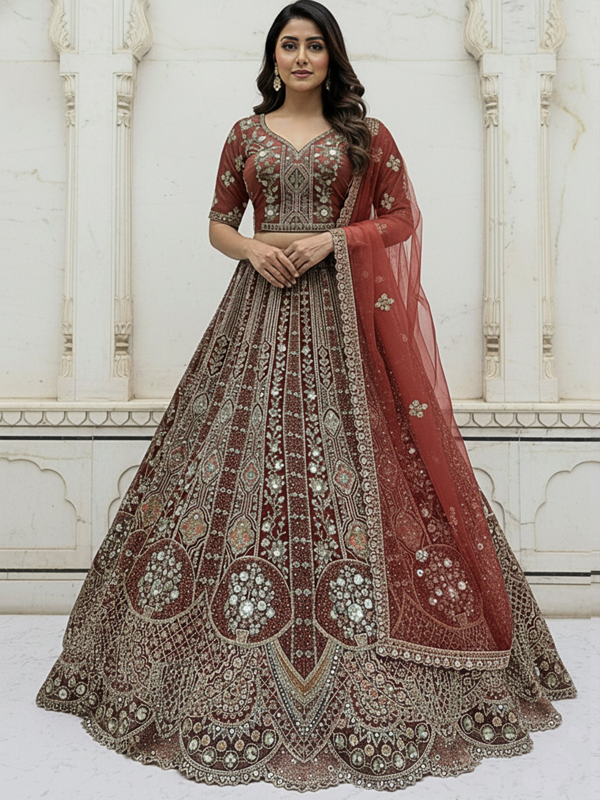 Nakshatra Cinnamon Red Hand-Embroidered Organza Lehenga Set
