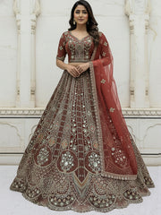 Nakshatra Cinnamon Red Hand-Embroidered Organza Lehenga Set