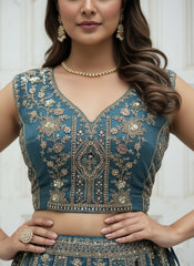 Nakshatra Firozi Hand-Embroidered Organza Lehenga Set