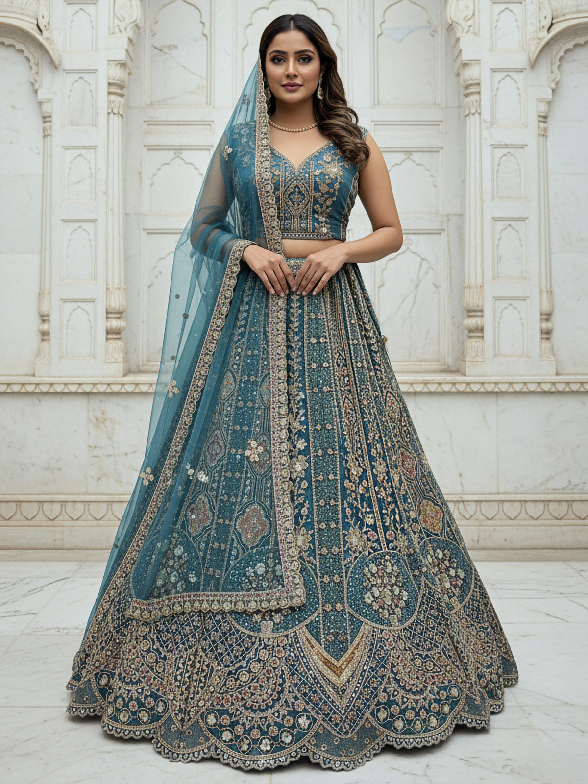 Nakshatra Firozi Hand-Embroidered Organza Lehenga Set