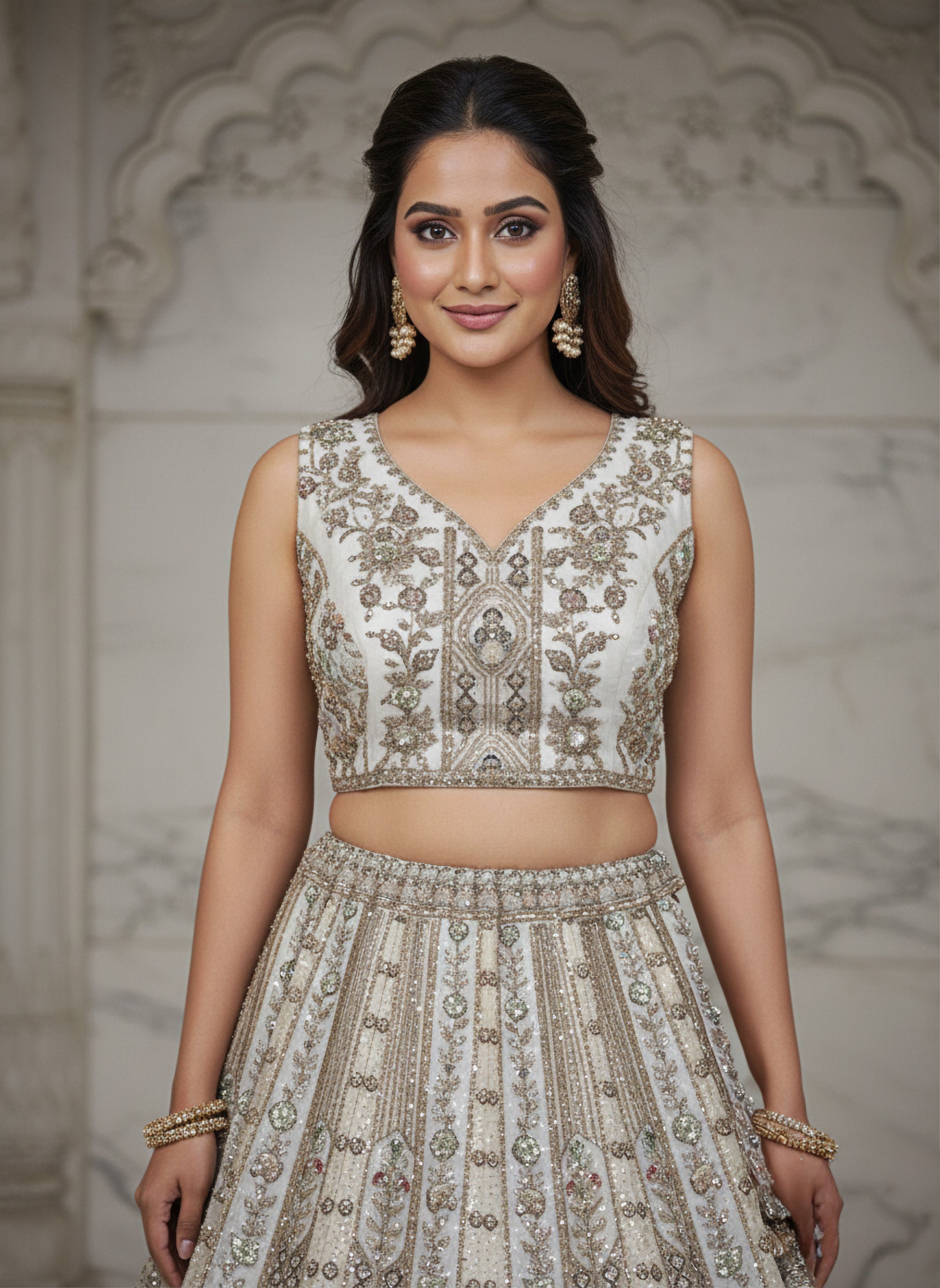 Nakshatra White Hand-Embroidered Organza Lehenga Set