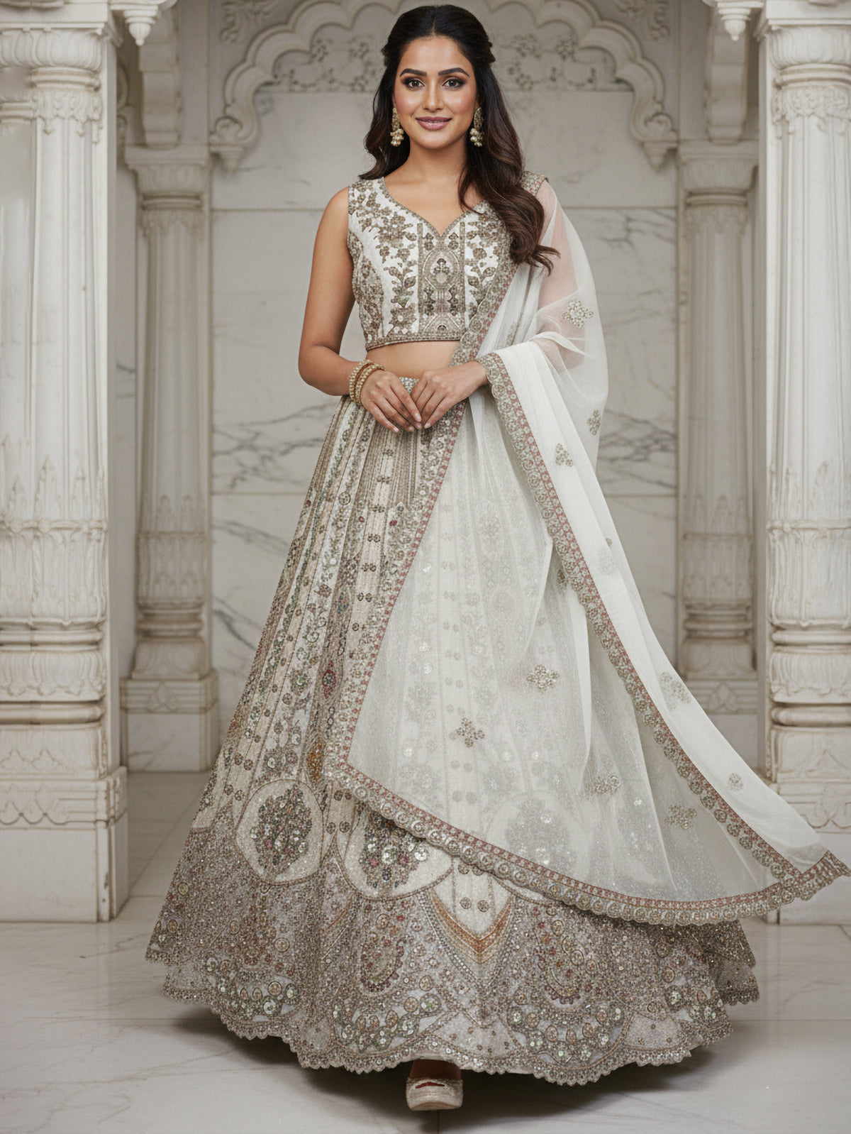 Nakshatra White Hand-Embroidered Organza Lehenga Set