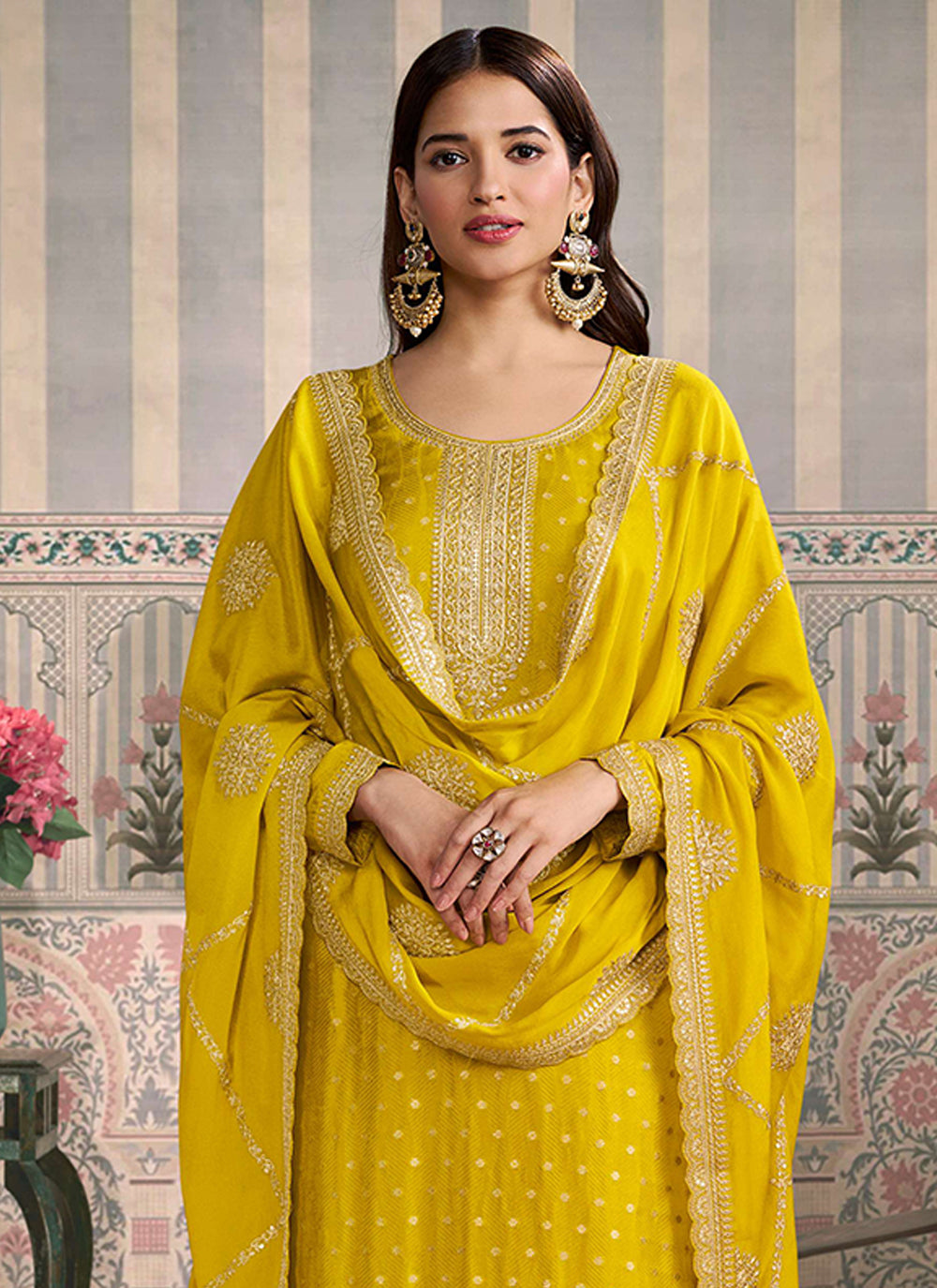Nakshatra Yellow Viscose Chiniya Silk Suit Set