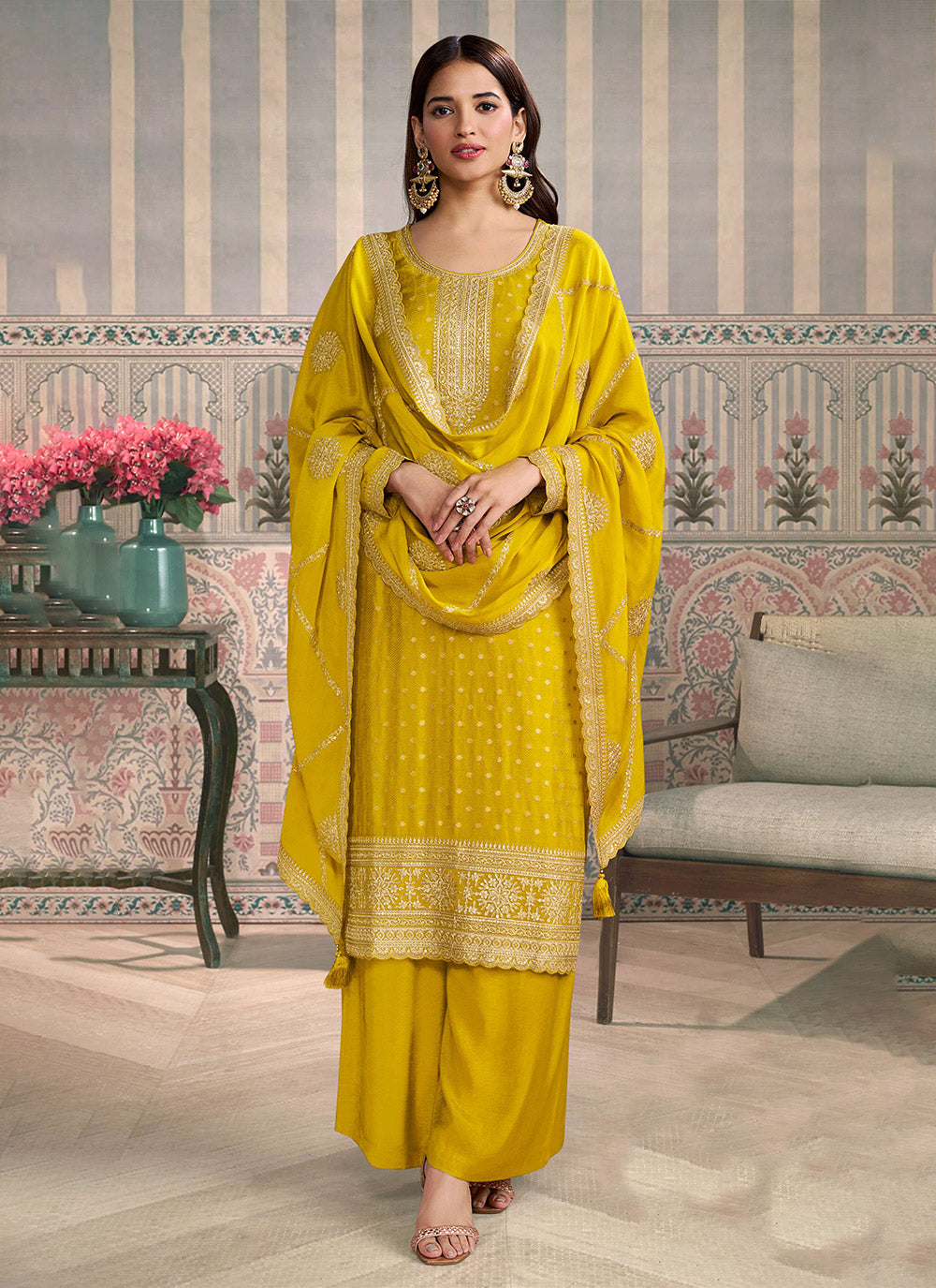 Nakshatra Yellow Viscose Chiniya Silk Suit Set