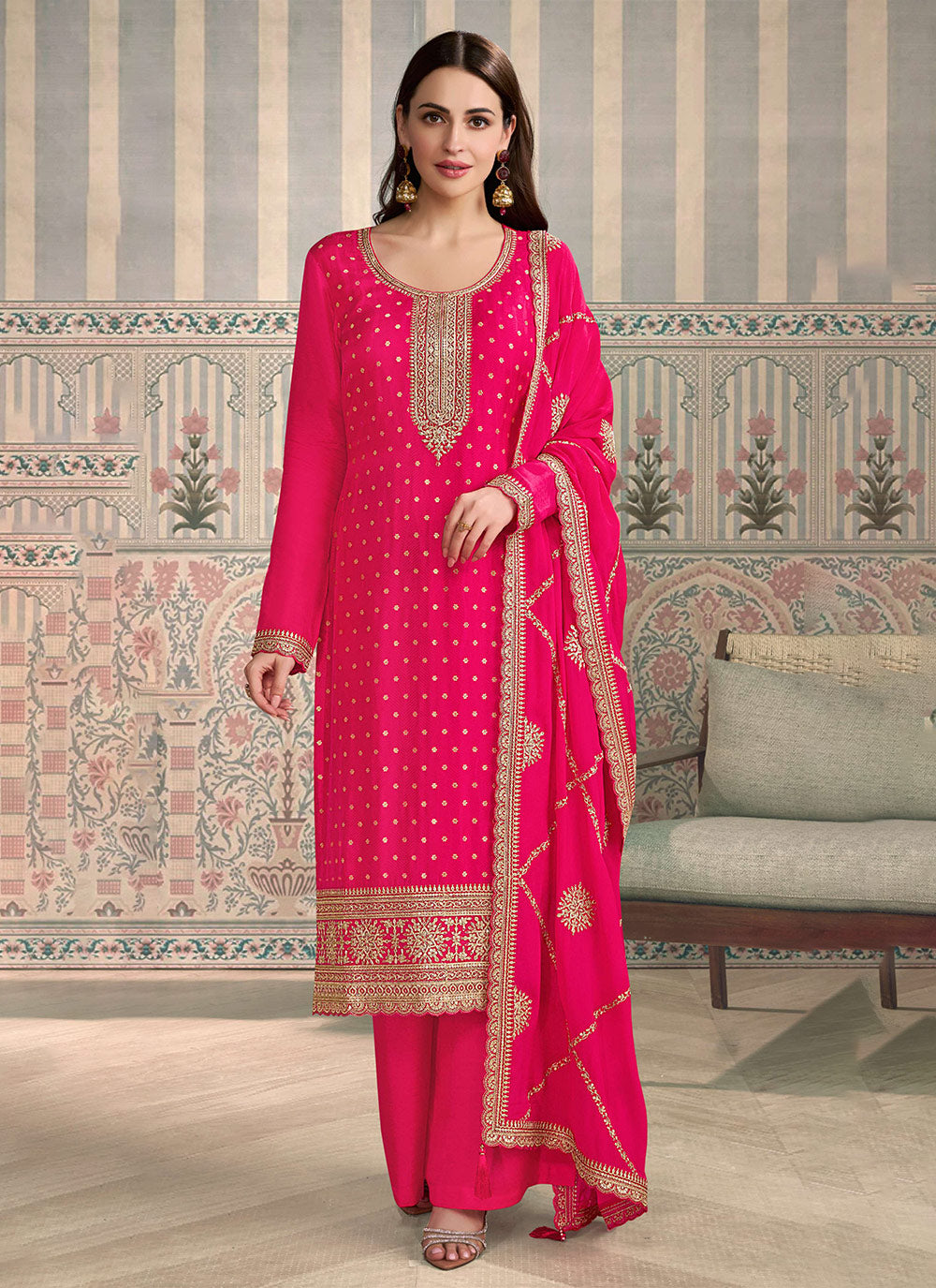 Nakshatra Pink Viscose Chiniya Silk Suit Set