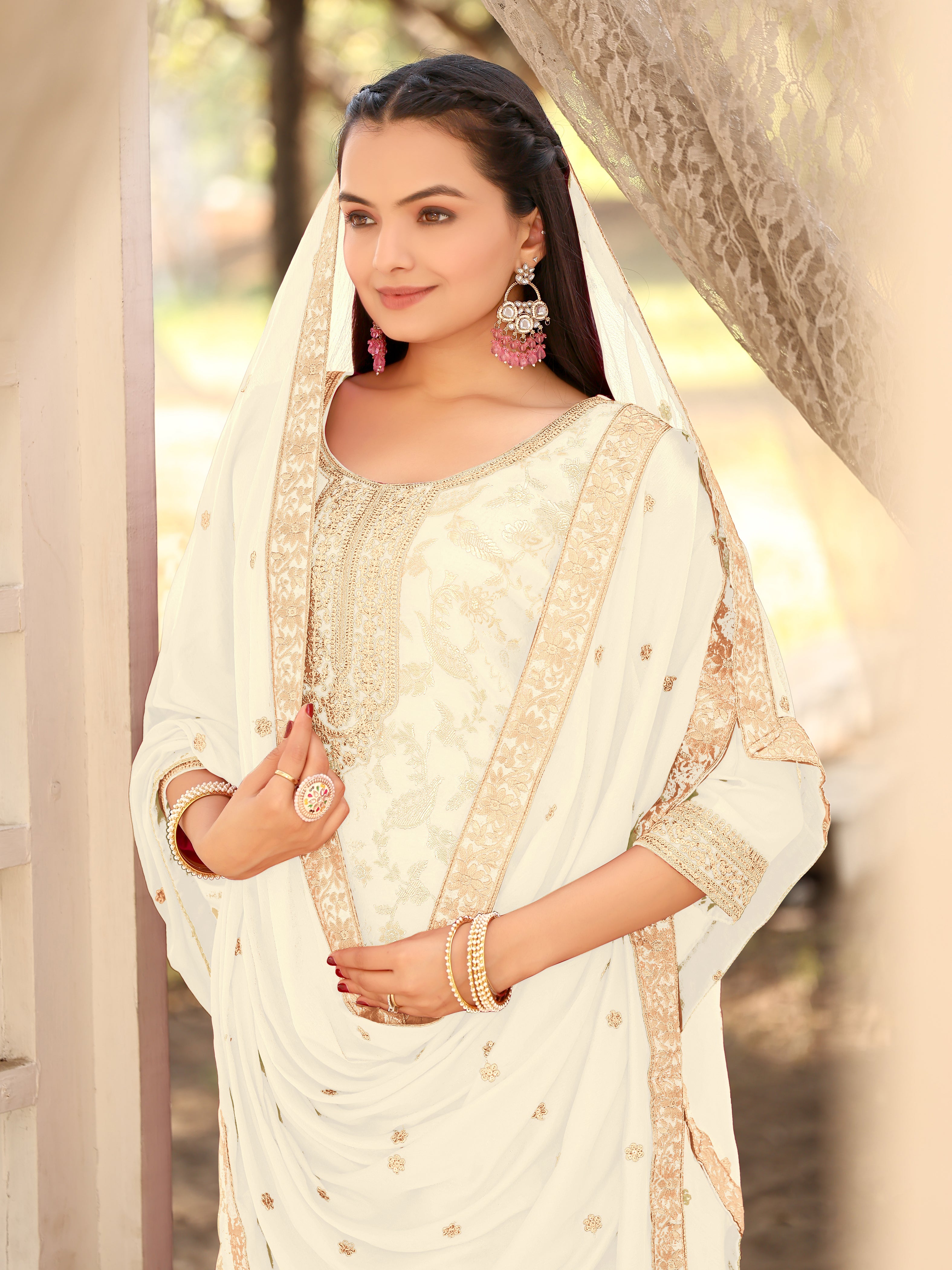Nakshatra White Viscose Jaquard Suit Set