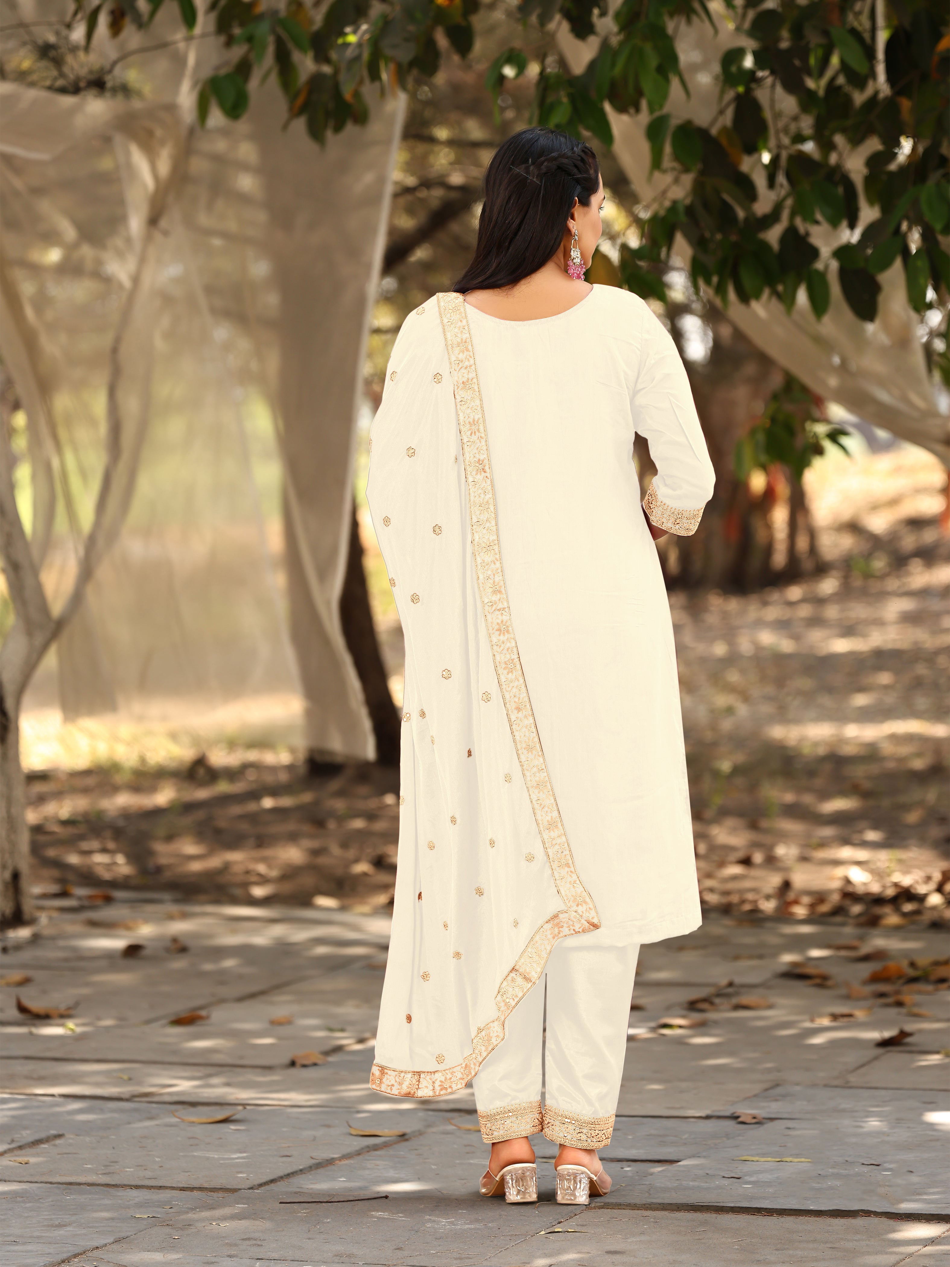 Nakshatra White Viscose Jaquard Suit Set