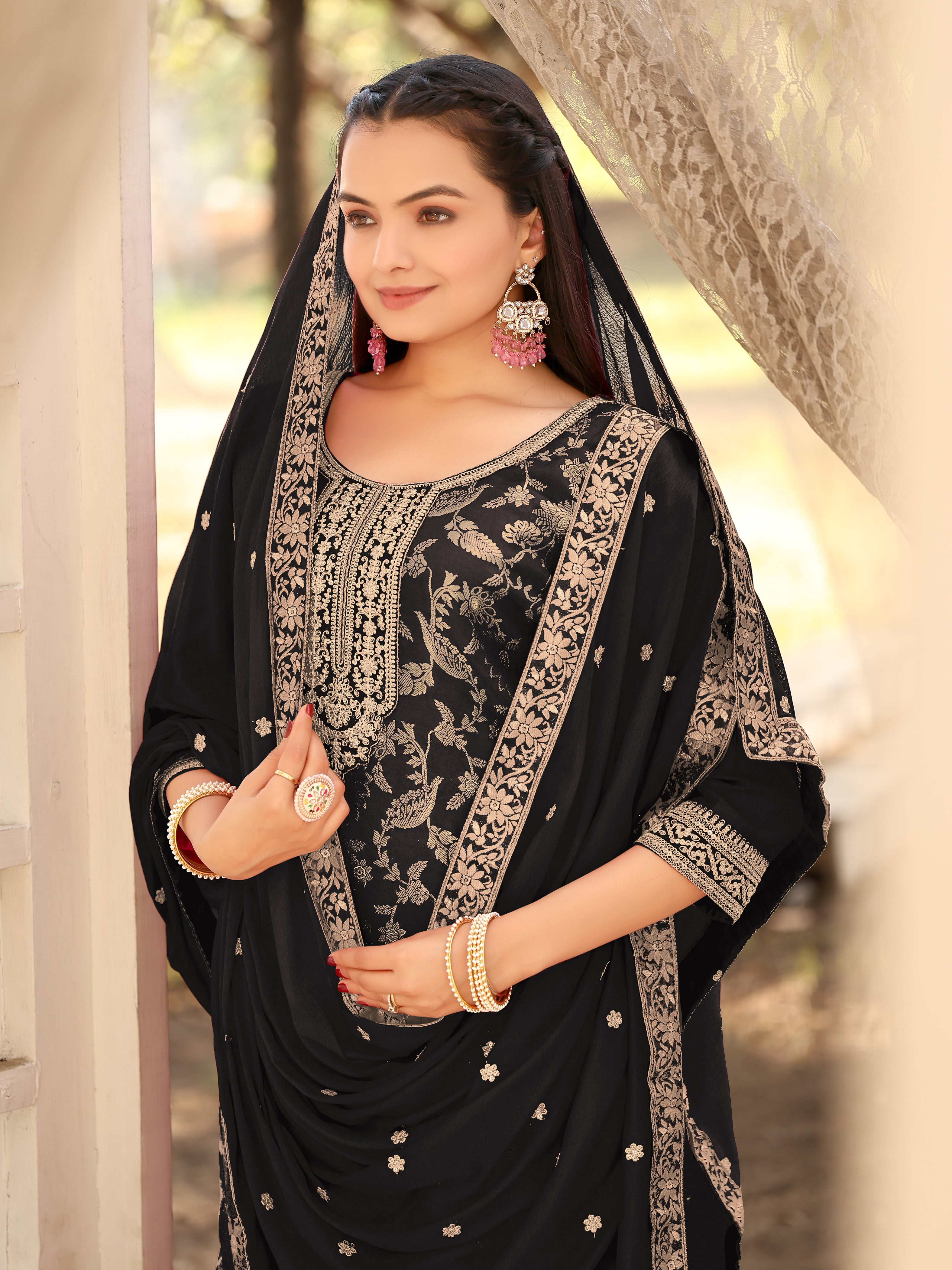 Nakshatra Black Viscose Jaquard Suit Set