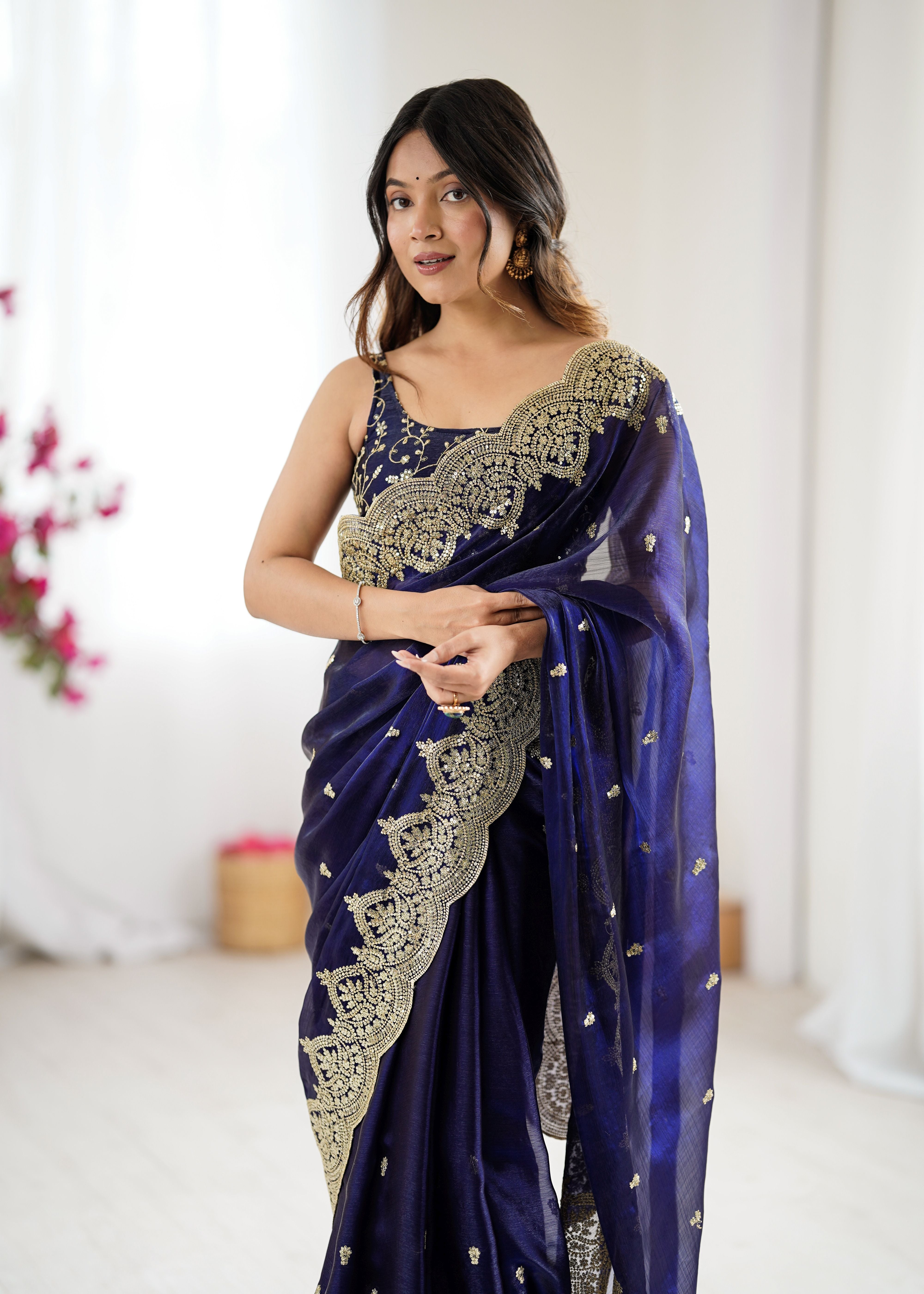 Nakshatra Purple Party Wear Sequined Saree