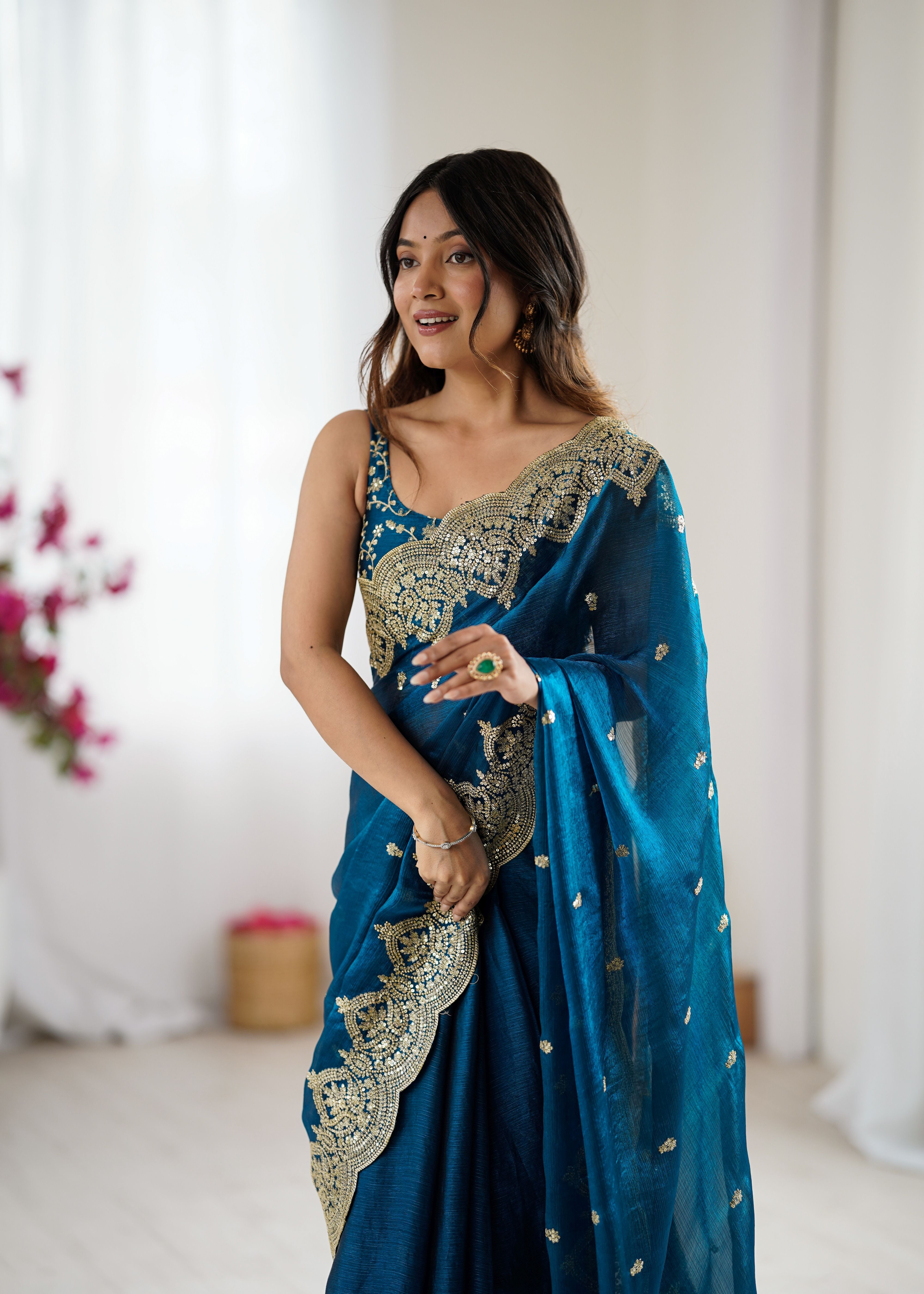 Nakshatra Teal Party Wear Sequined Saree