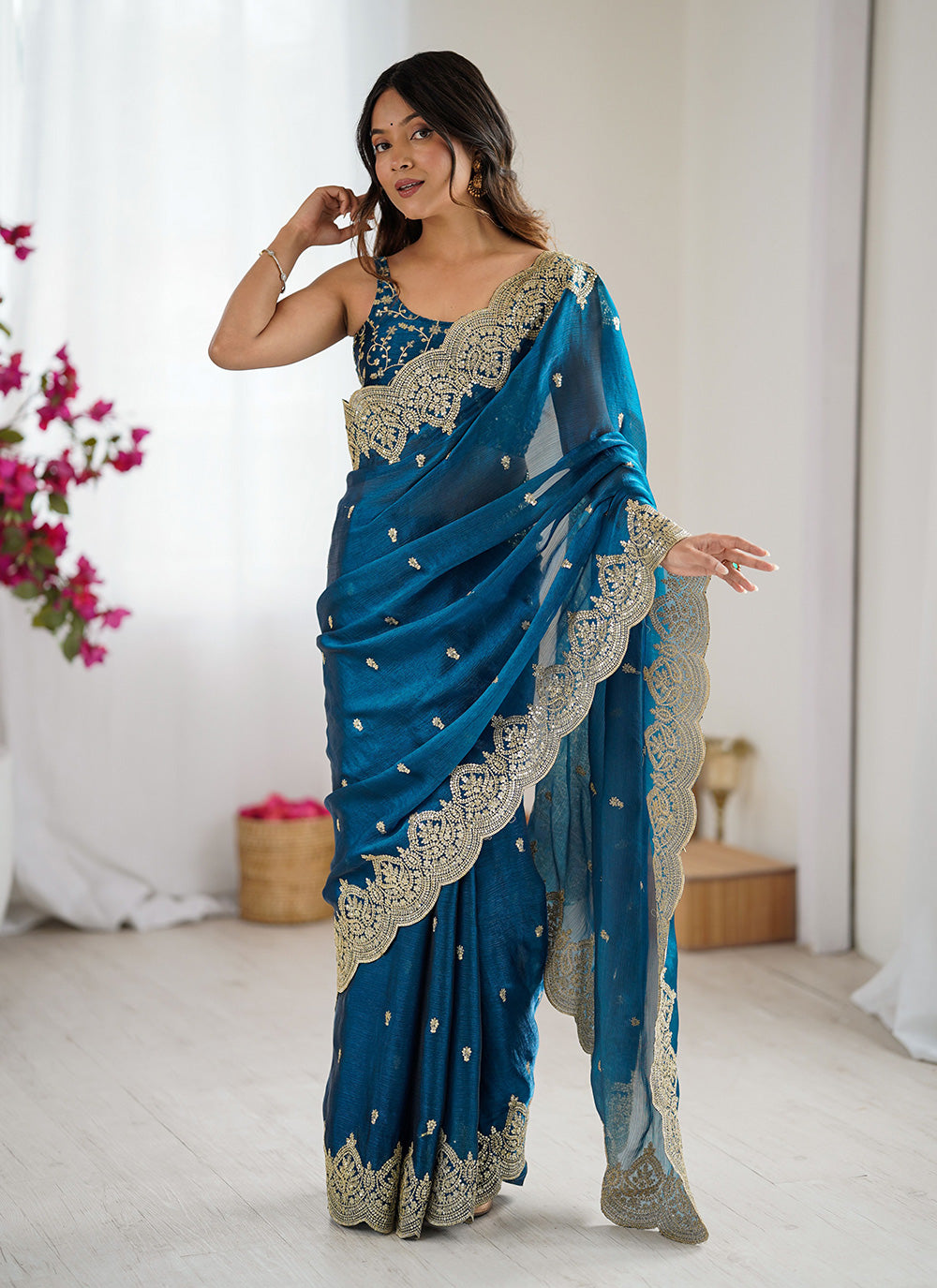 Nakshatra Teal Party Wear Sequined Saree