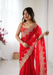 Nakshatra Red Party Wear Sequined Saree