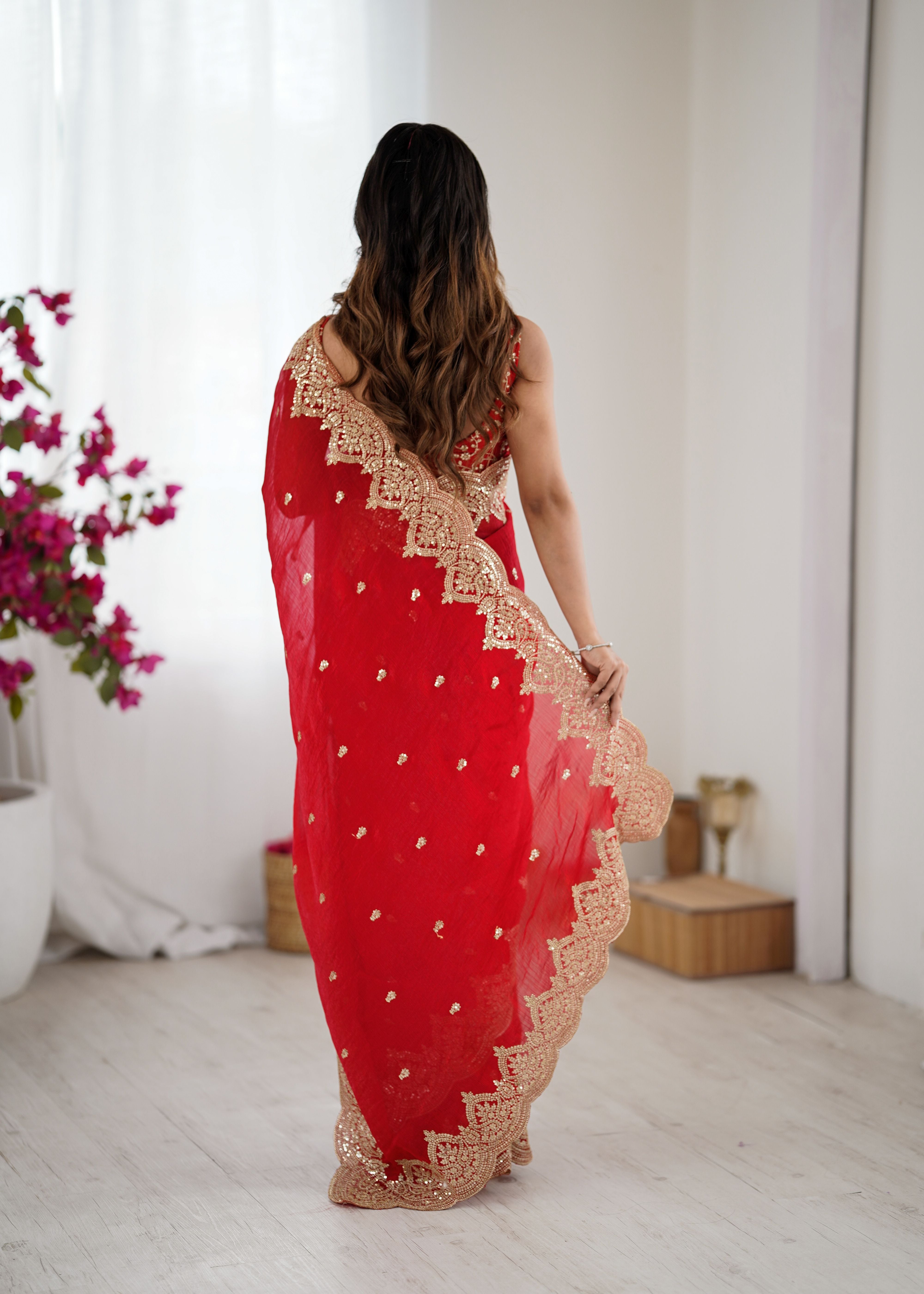 Nakshatra Red Party Wear Sequined Saree