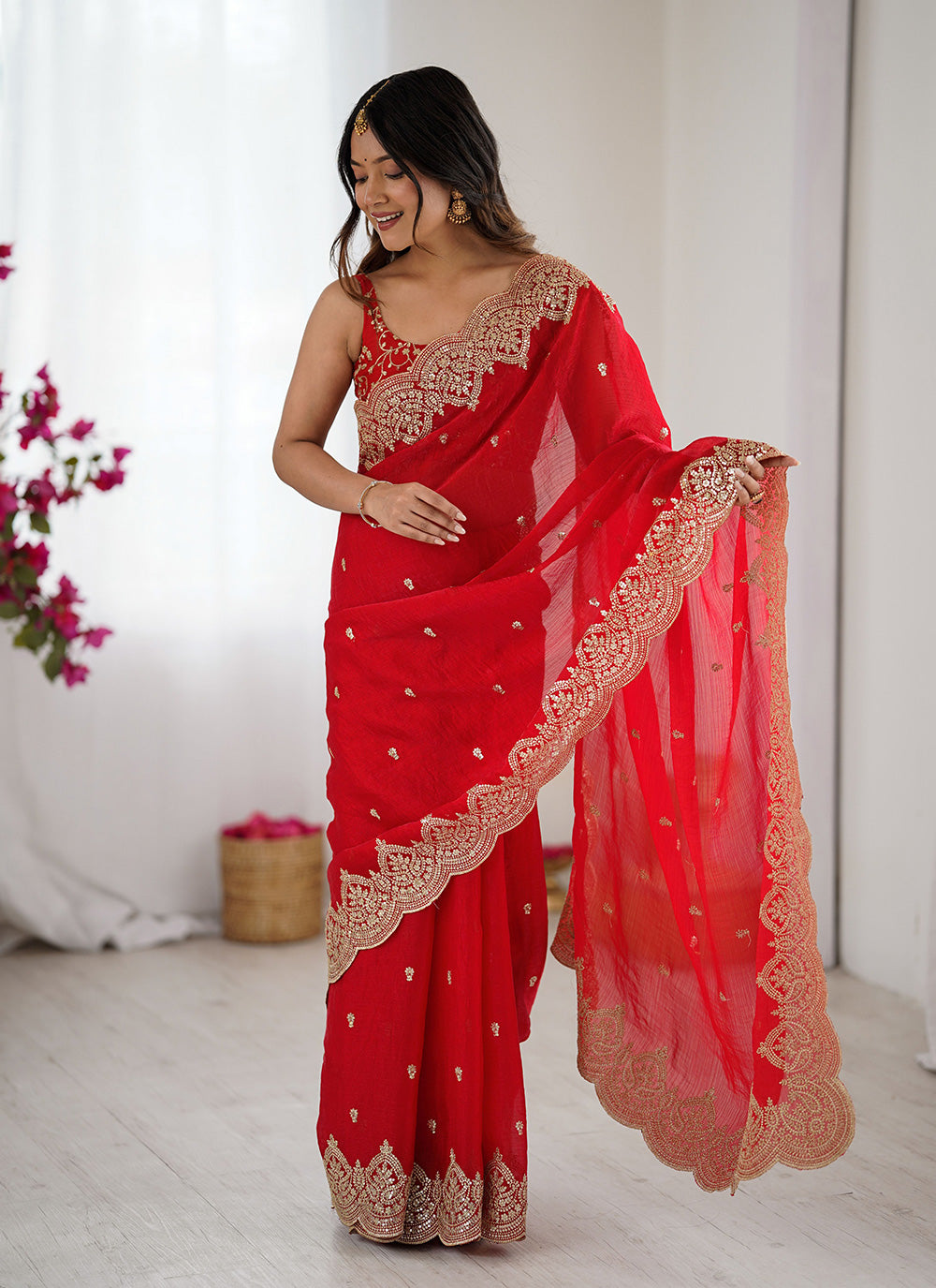 Nakshatra Red Party Wear Sequined Saree