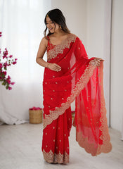 Nakshatra Red Party Wear Sequined Saree