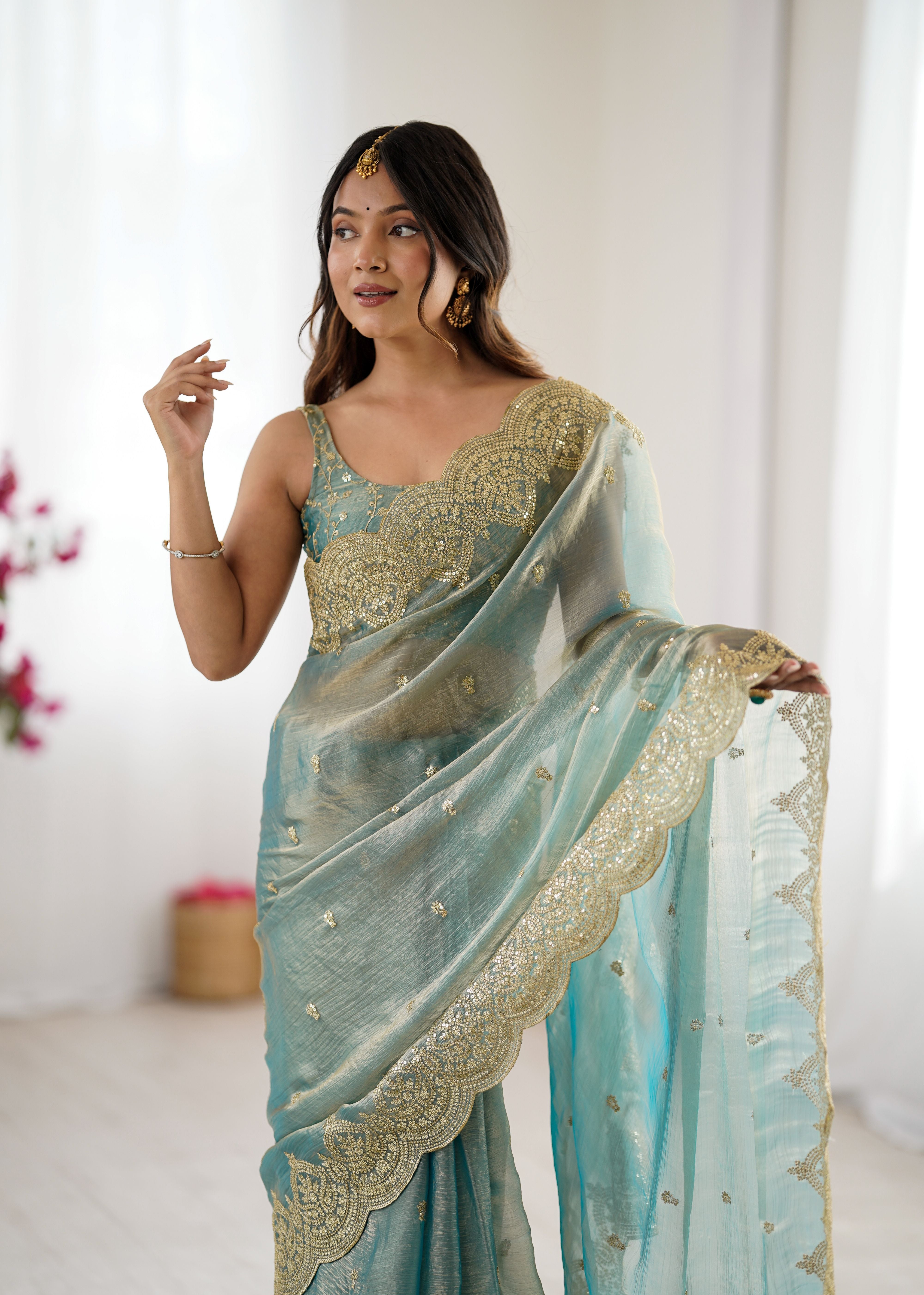 Nakshatra Sky Blue Party Wear Sequined Saree