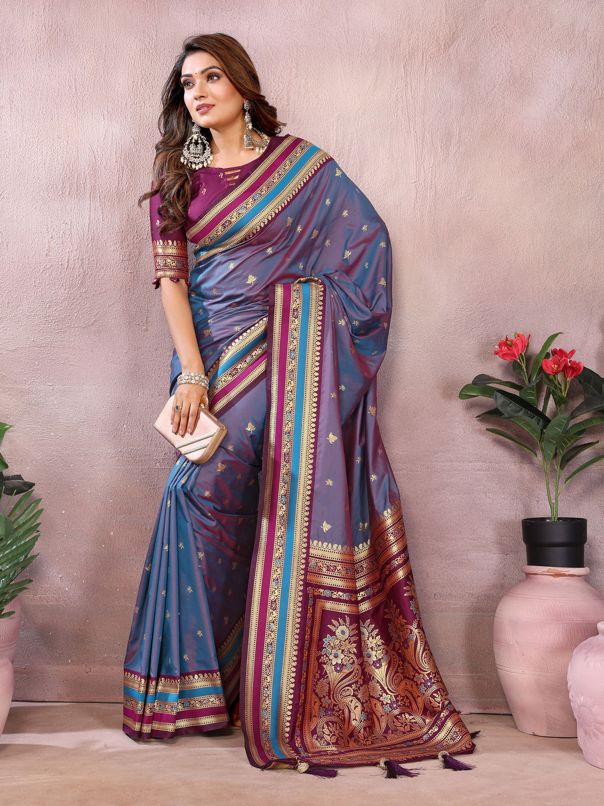 Nakshatra Lavender Pure Handloom Kalamkari Silk Saree with Royal Zari Pallu