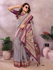 Nakshatra Silver Grey Pure Handloom Kalamkari Silk Saree with Grand Zari Pallu