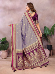 Nakshatra Silver Grey Pure Handloom Kalamkari Silk Saree with Grand Zari Pallu