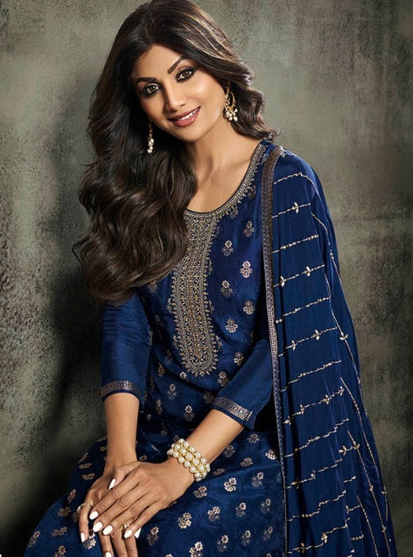 Majestic Midnight Blue Jacquard Silk Suit