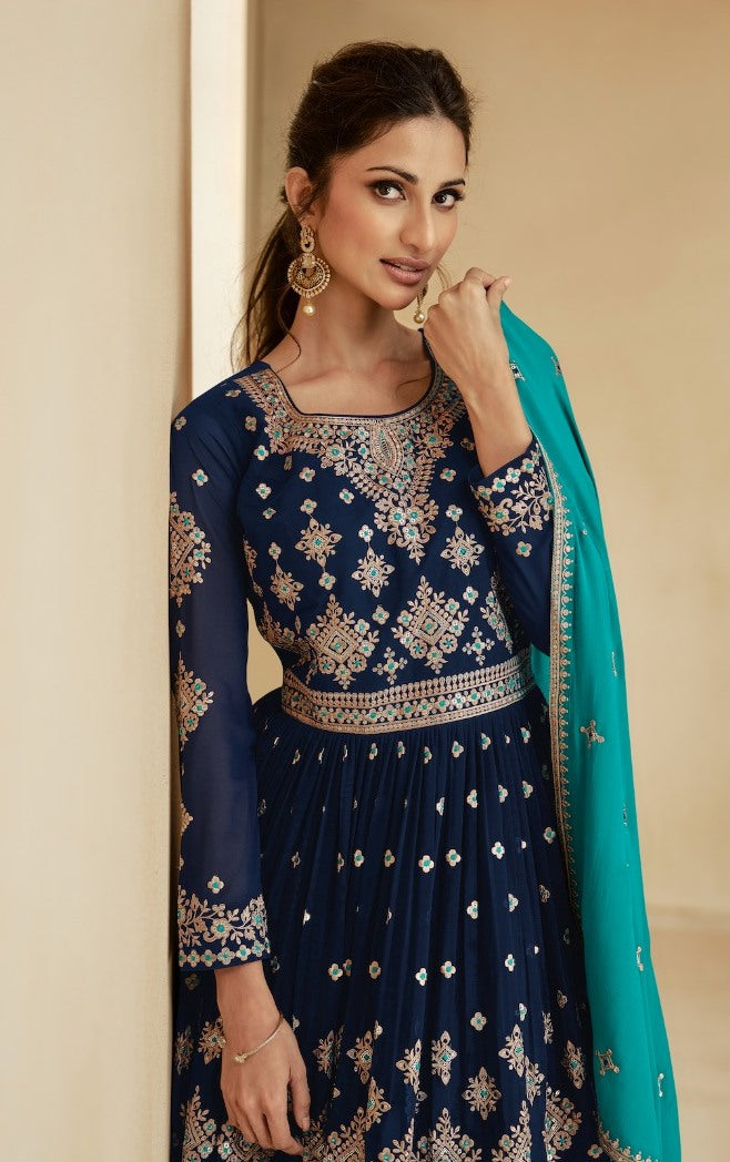 Celestial Blue and Pink Georgette Semi-Stitched Sharara Suit