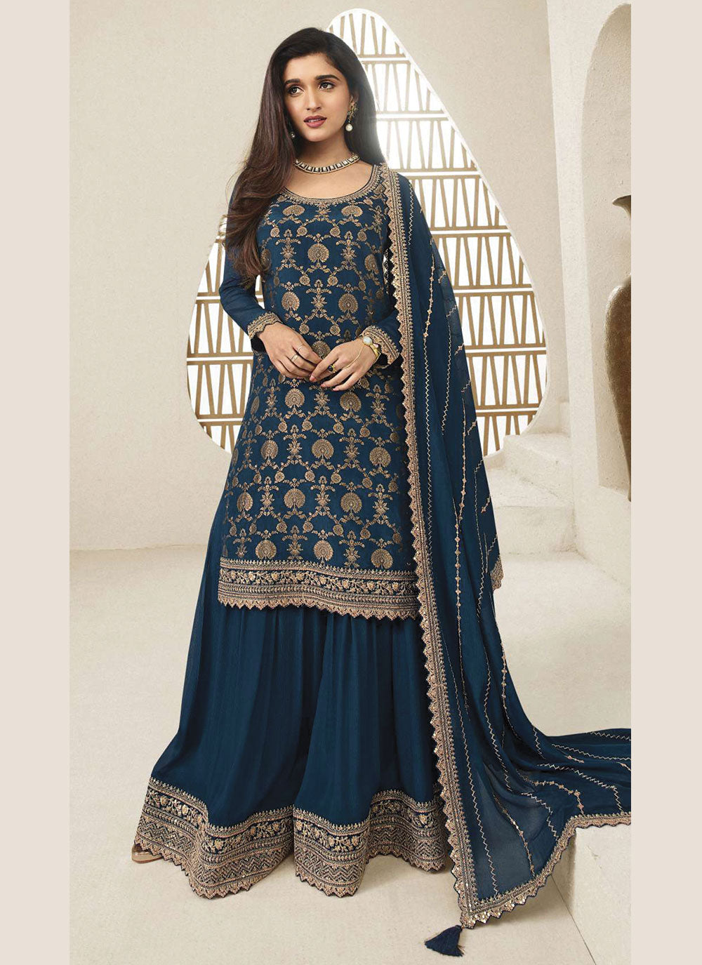 Ocean Opulence Blue Viscose Chinon Sharara Set