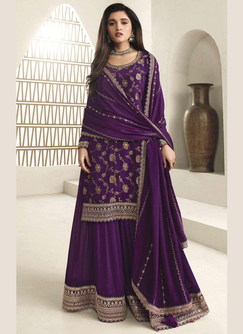 Prestige Purple Viscose Chinon Sharara Suit