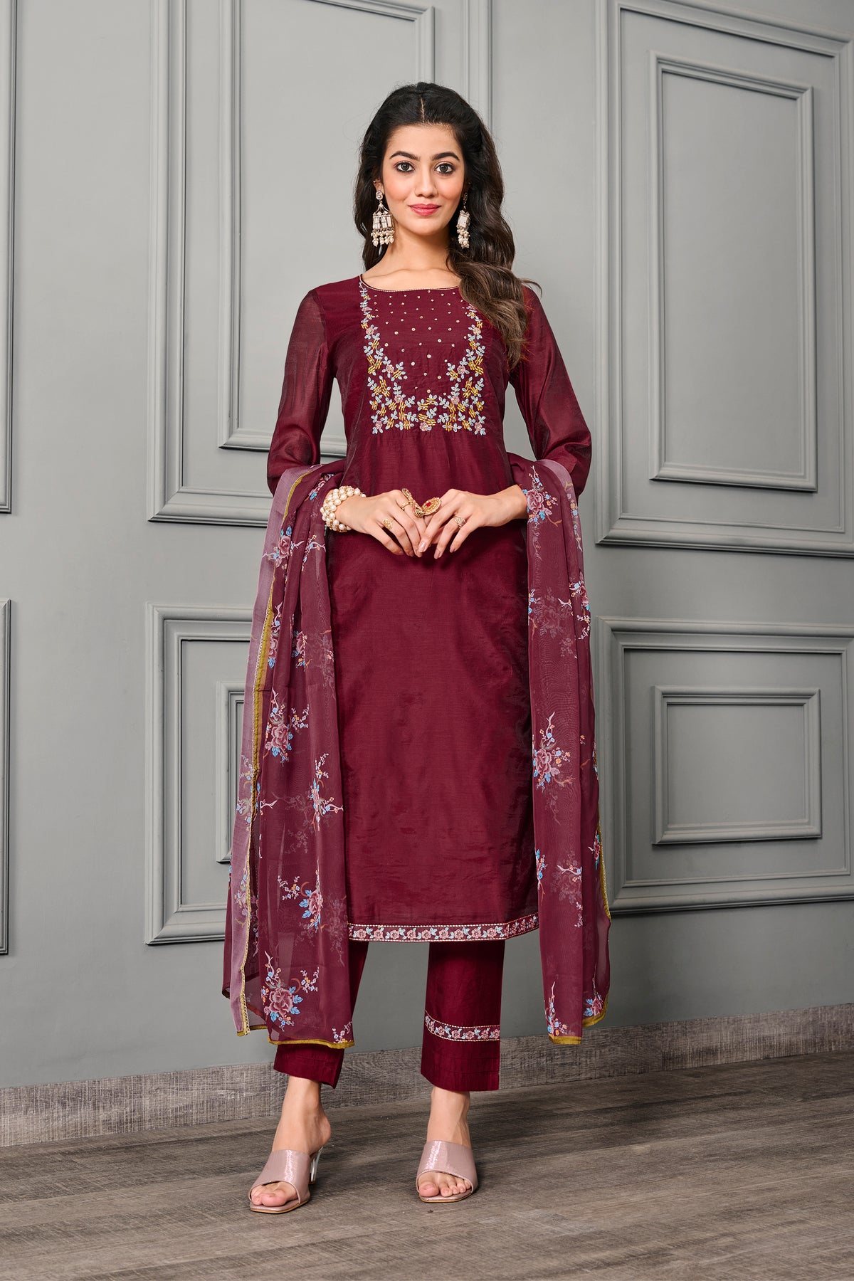 Maroon cotton silk suit