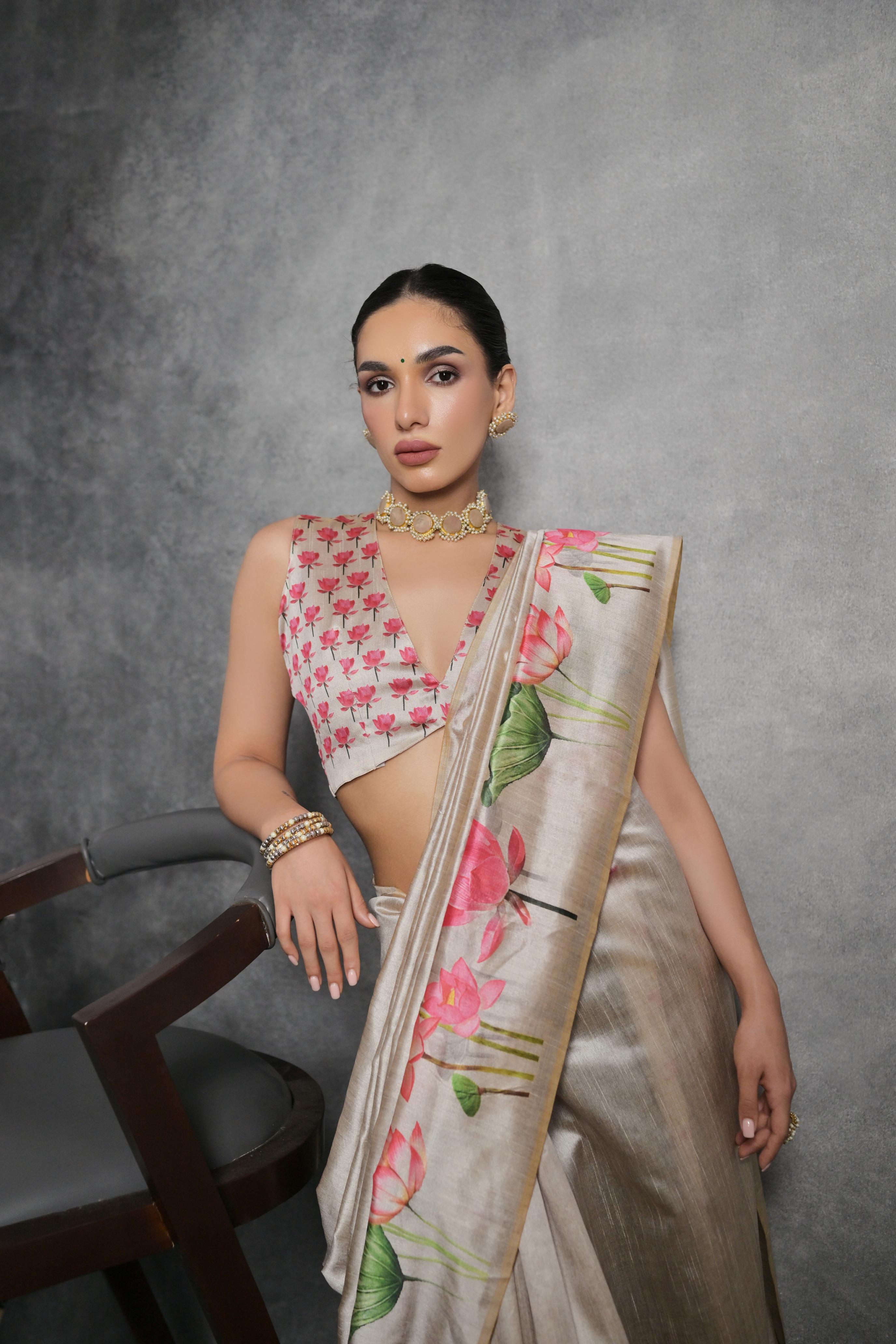 Nakshatra Floral Print Beige saree