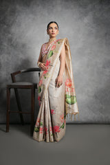 Nakshatra Floral Print Beige saree