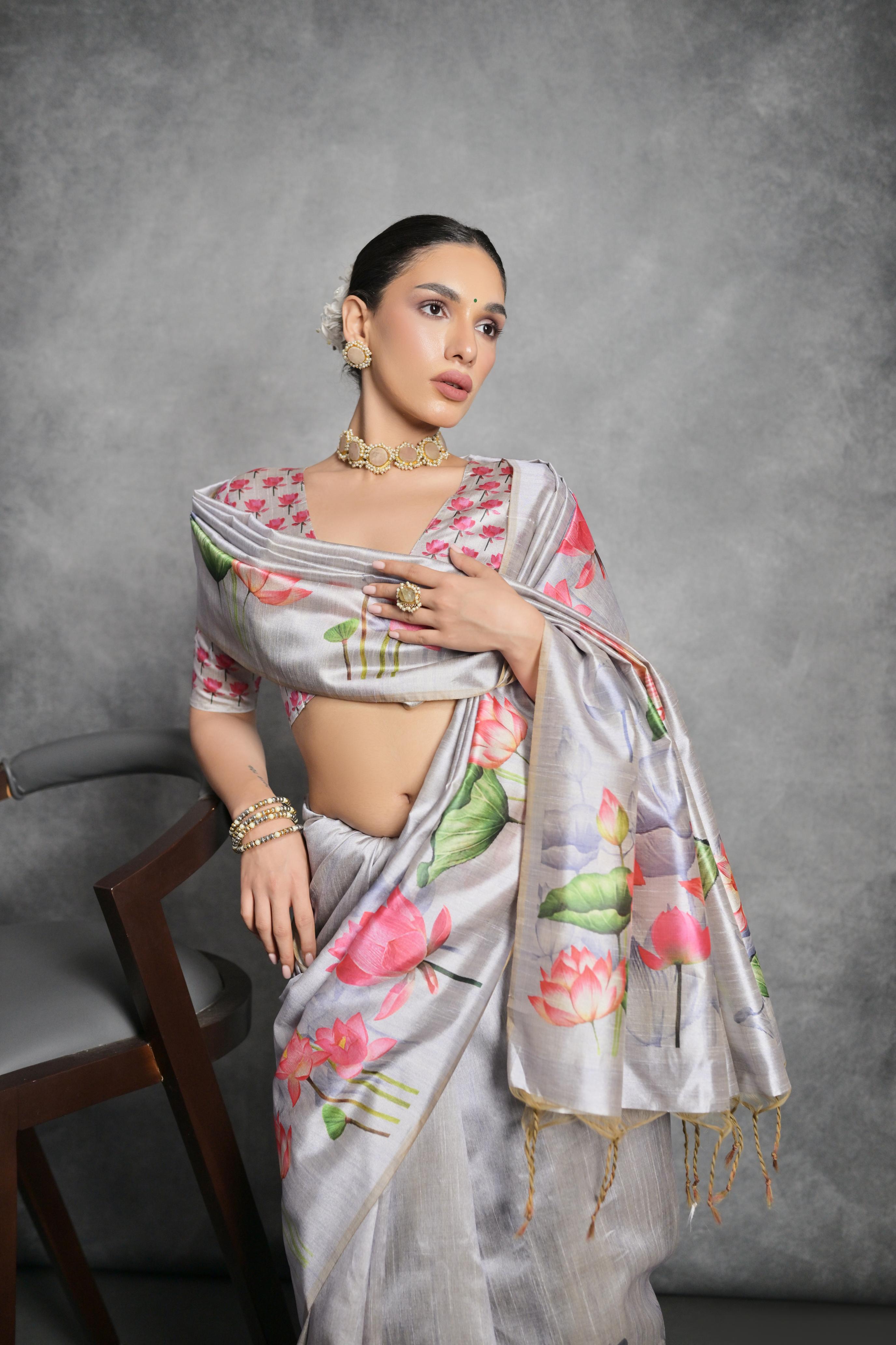 Nakshatra Floral Print steel grey  saree