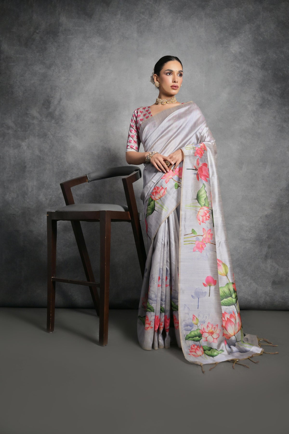 Nakshatra Floral Print steel grey  saree