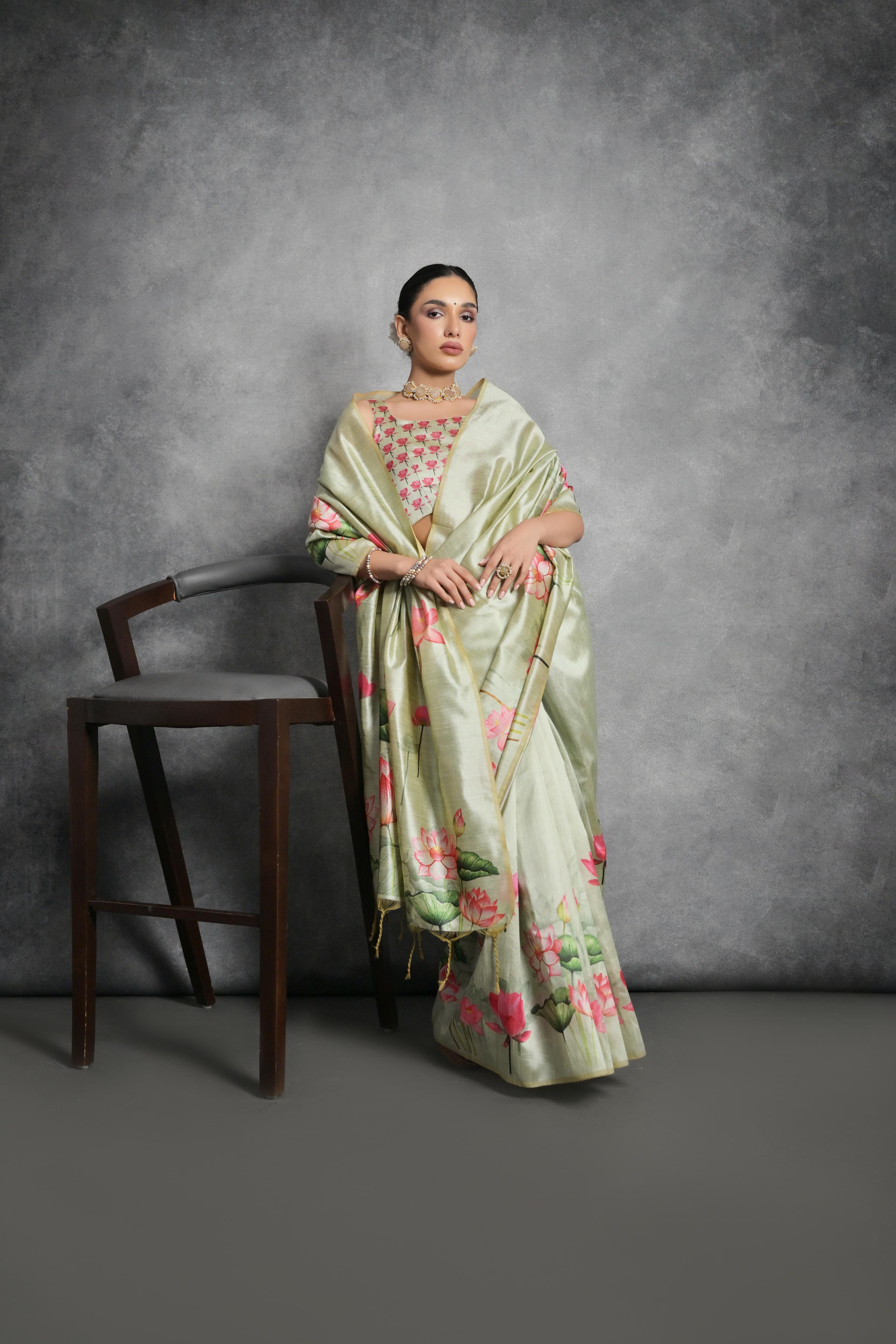 Nakshatra Floral Print pista green saree