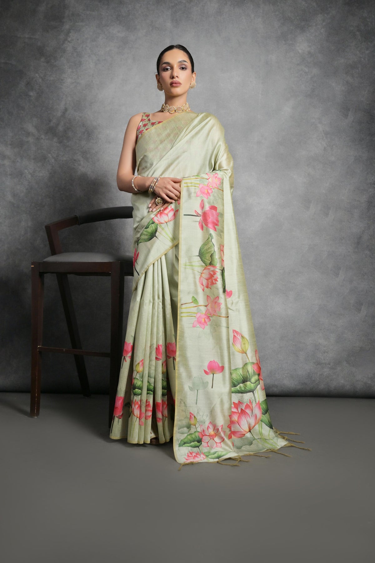 Nakshatra Floral Print pista green saree