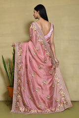 Rose Pink Net Organza Silk  Sari