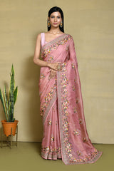 Rose Pink Net Organza Silk  Sari