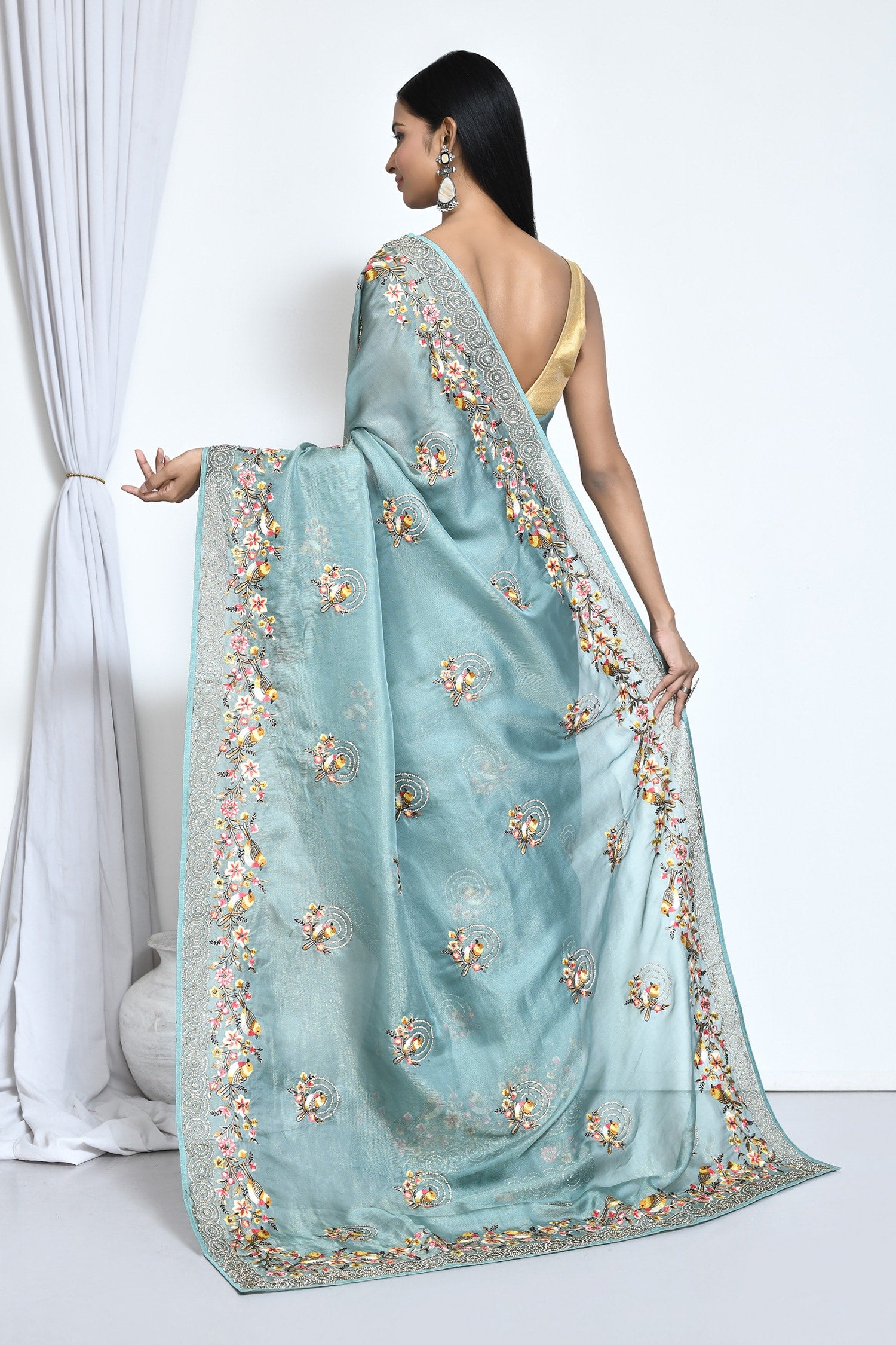 Serene Sky Blue Net Organza Silk  Sari