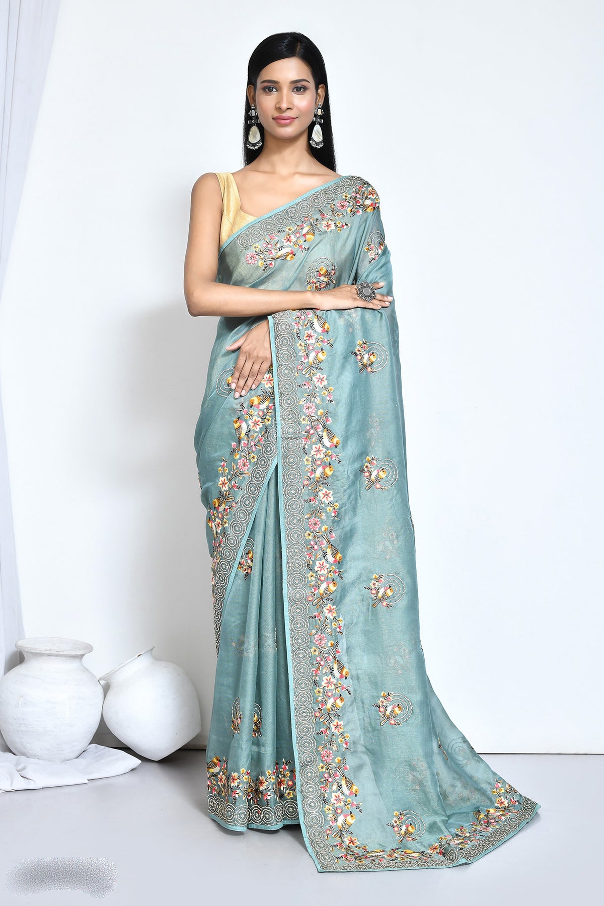 Serene Sky Blue Net Organza Silk  Sari