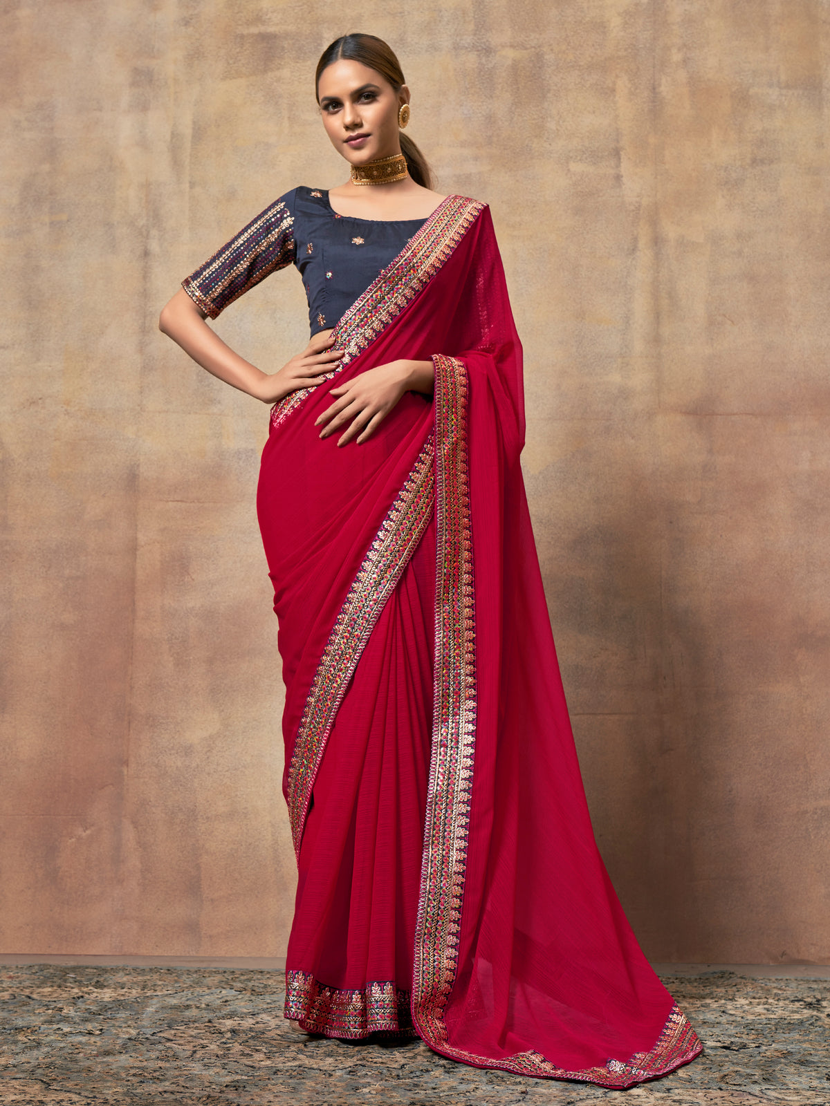 Red chiffon  saree