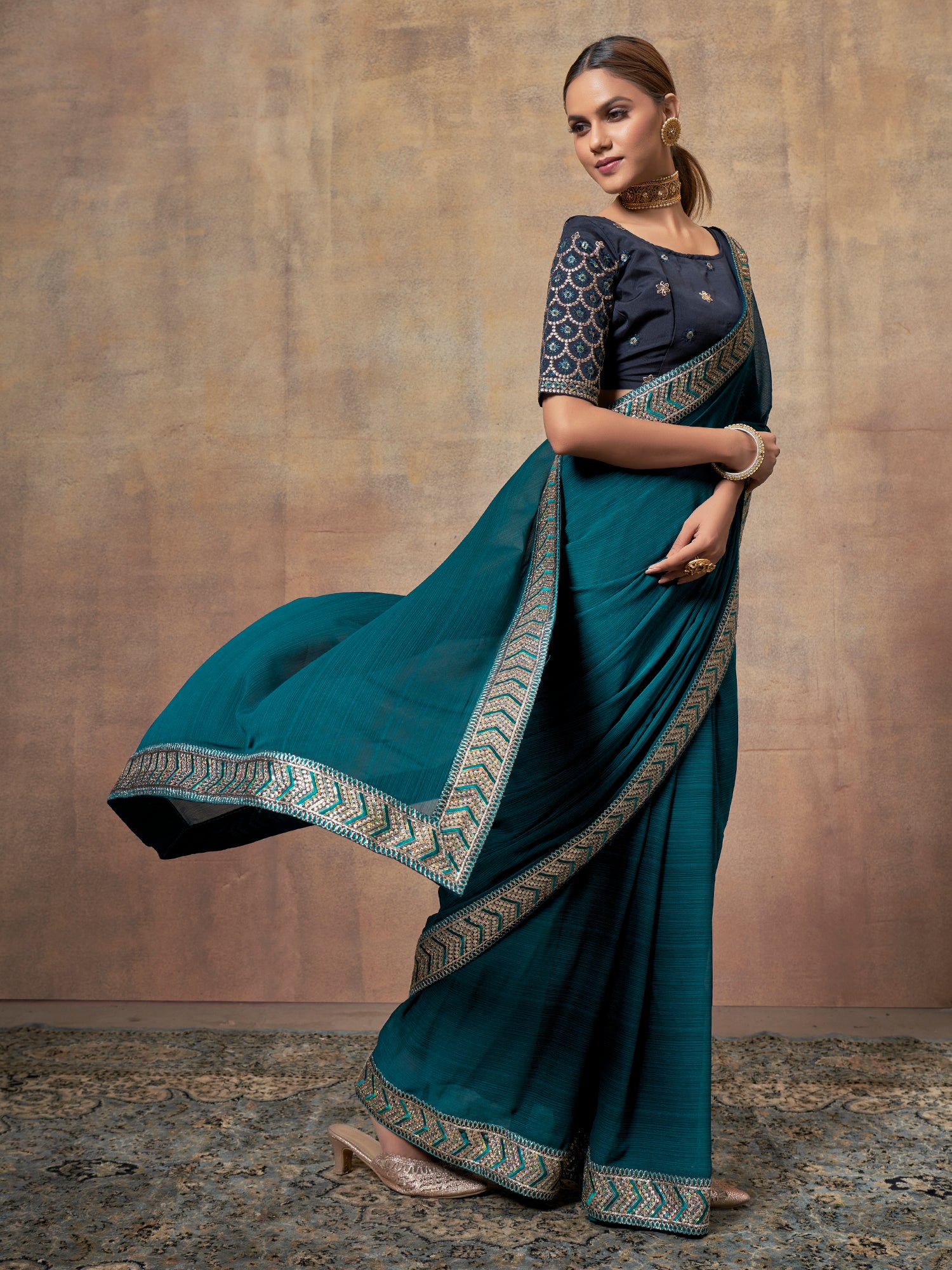 Terrific Teal Blue chiffon  saree