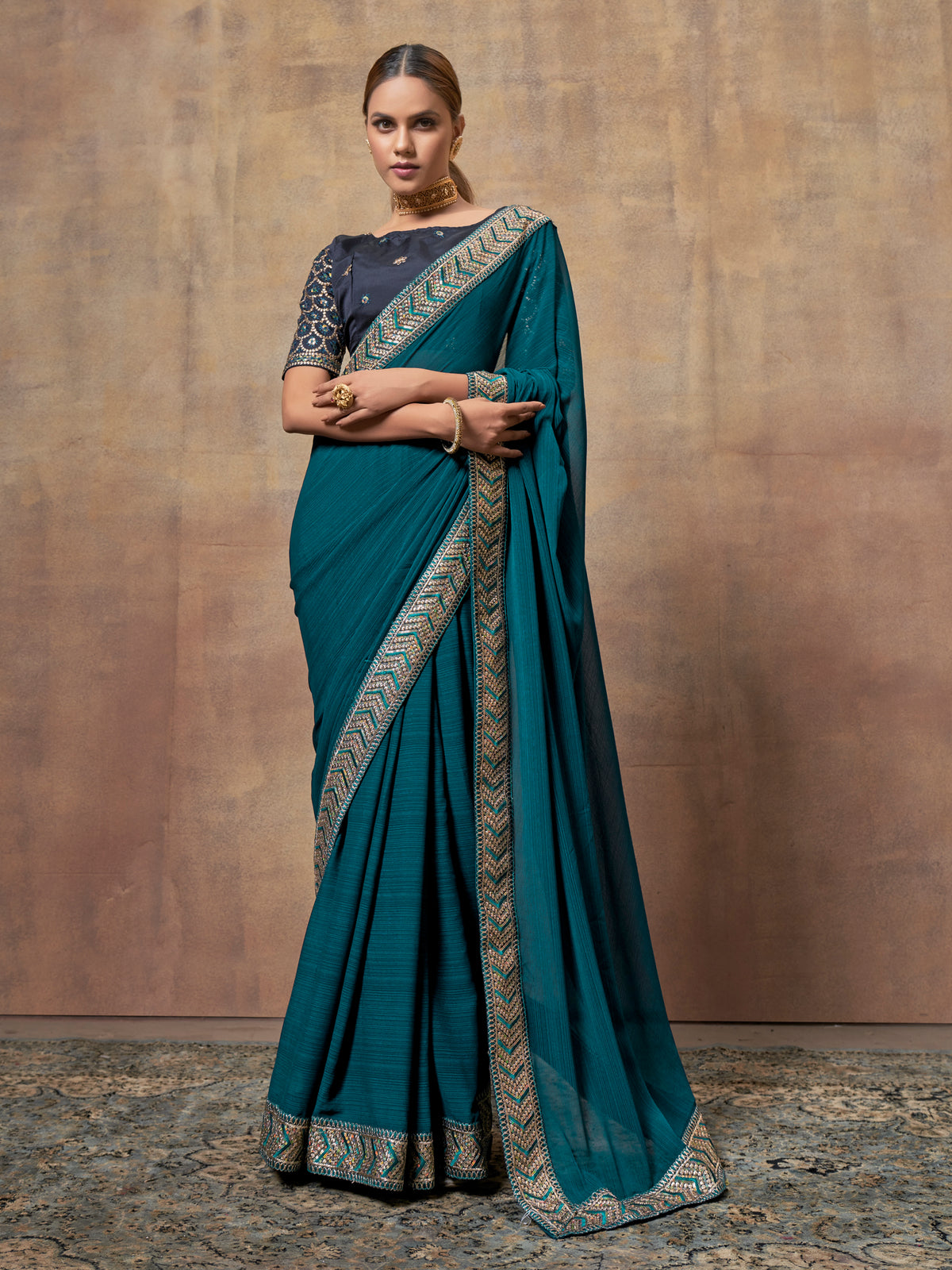 Terrific Teal Blue chiffon  saree