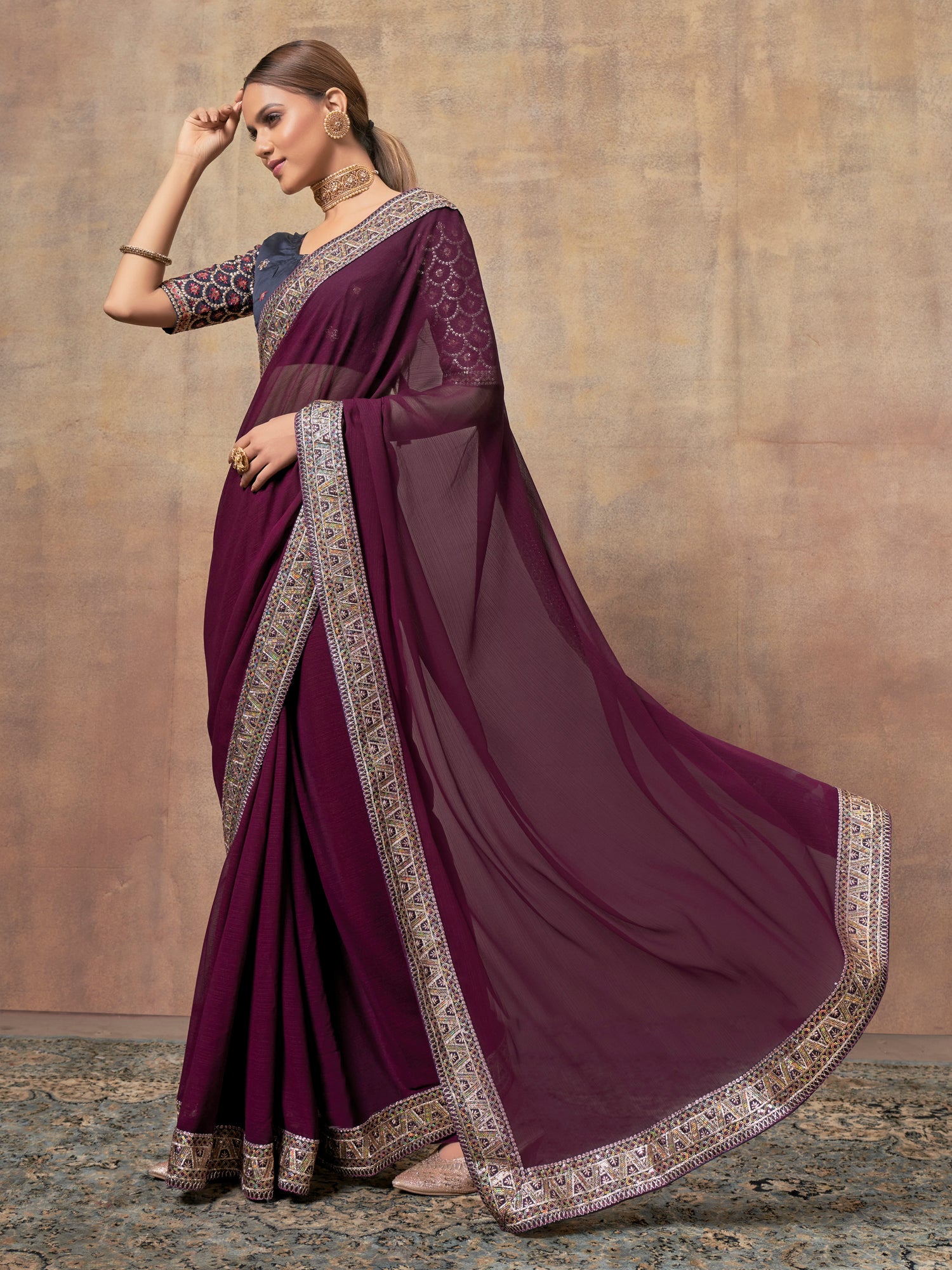 Nakshatra Blastful Burgundy chiffon  saree