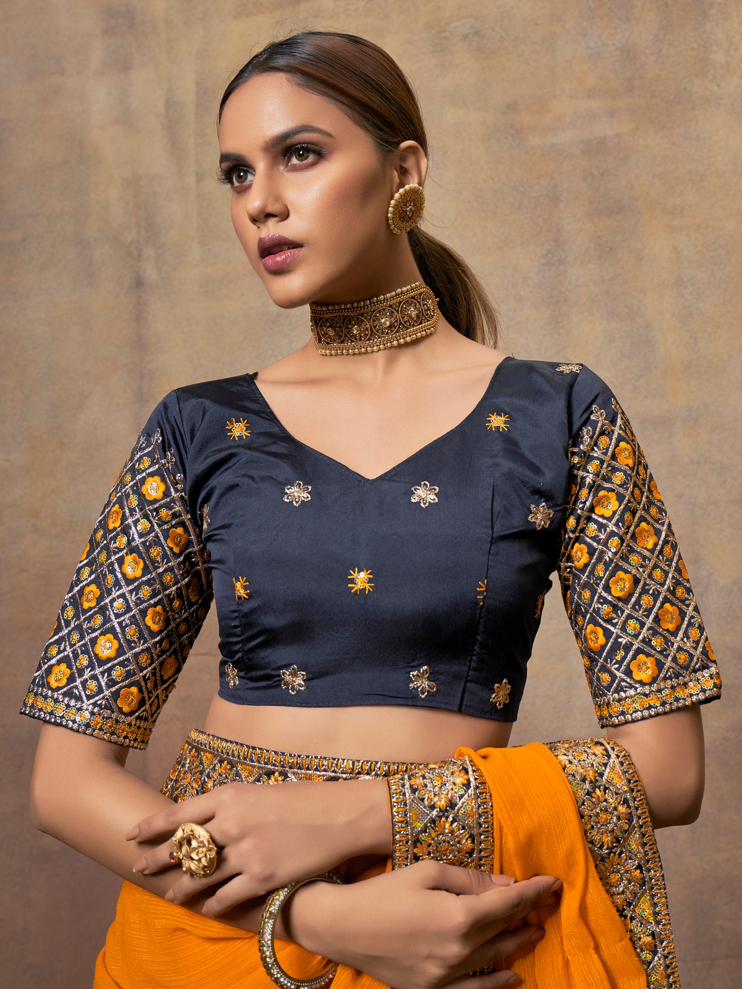 Orangish  Yellow chiffon  saree