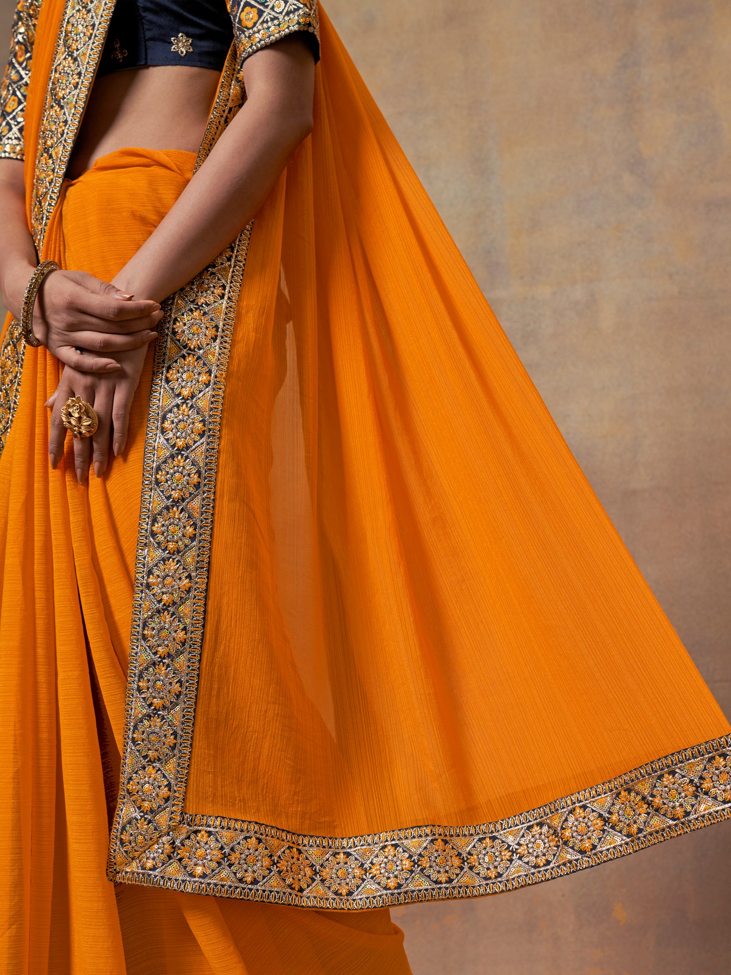 Orangish  Yellow chiffon  saree