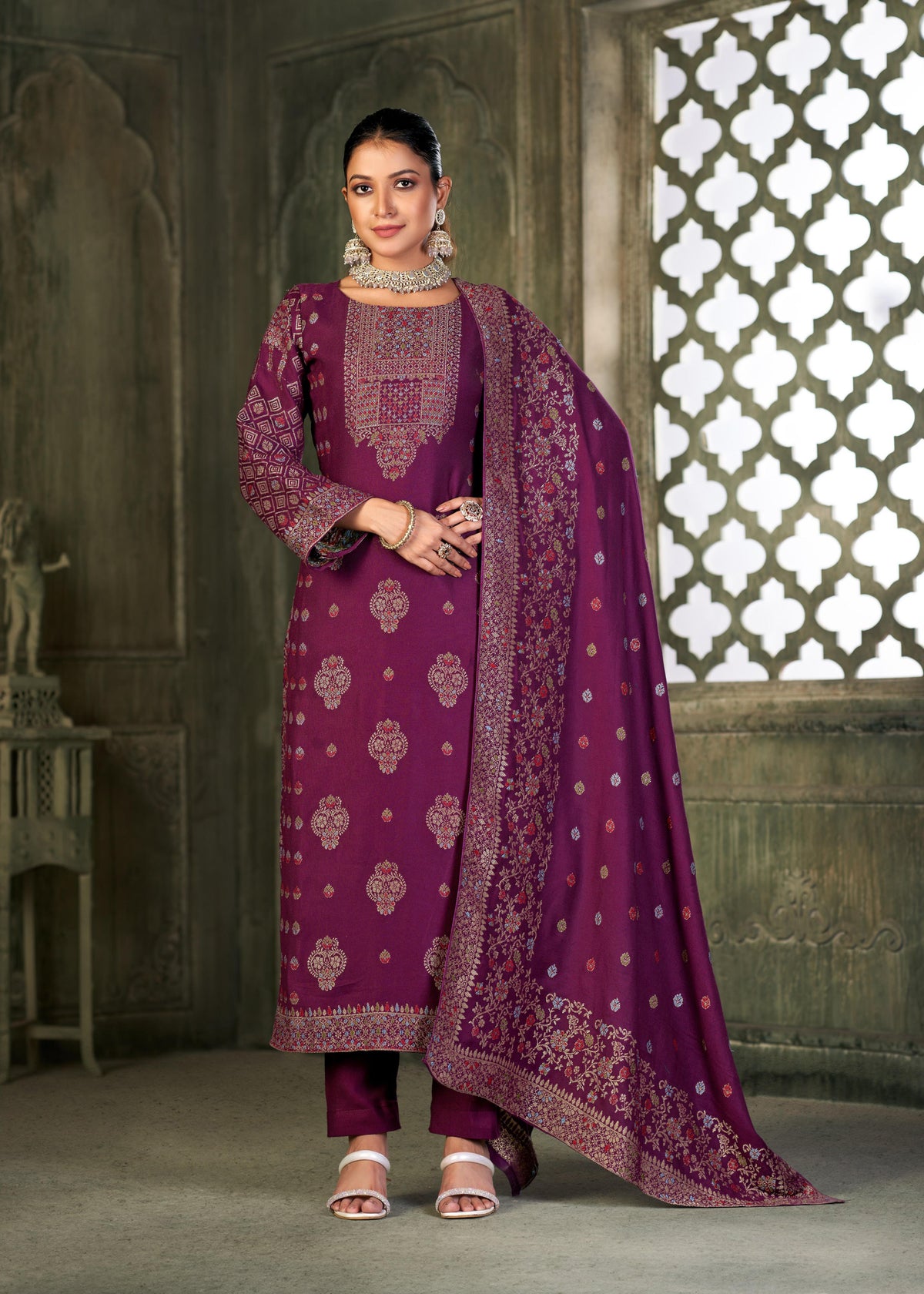 Nakshatra Wine viscose  Pashmina suit